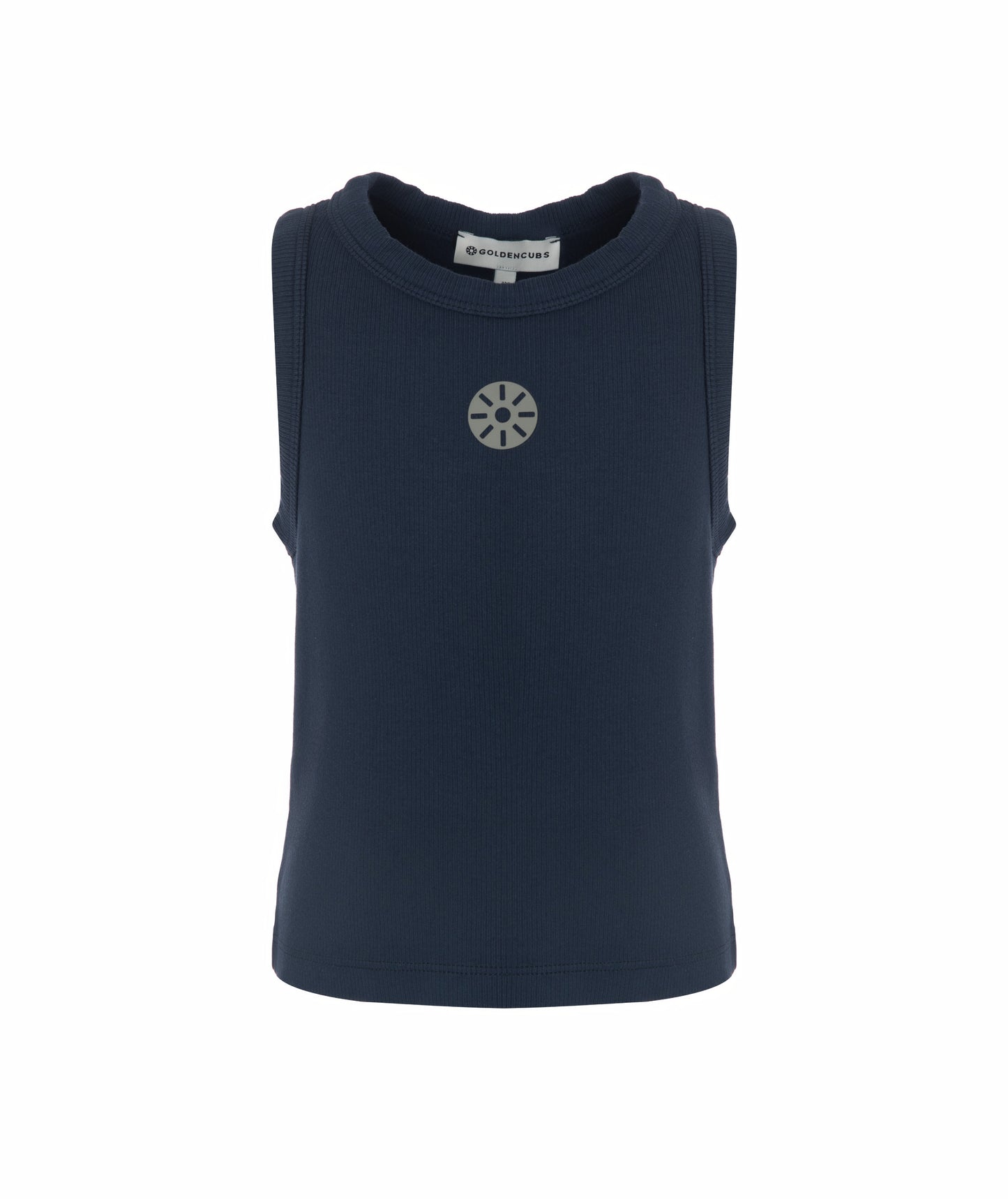Front view of Goldencubs girls navy cotton tank top laid flat on white background, showing ribbed edges and minimalist design.