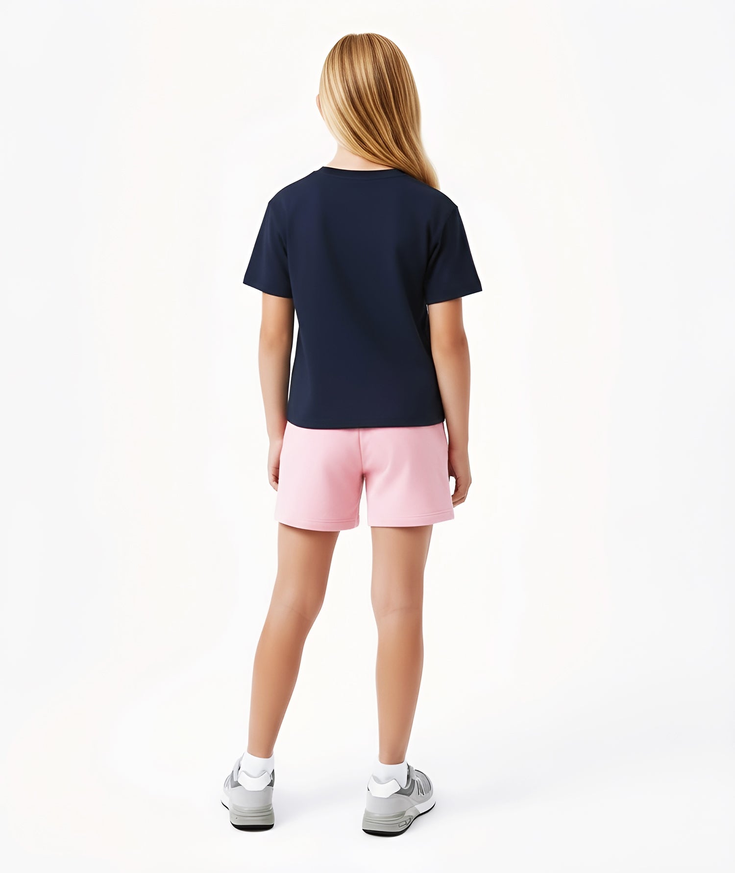 Back view of girl wearing Goldencubs navy cotton T-shirt, showing relaxed fit and smooth cotton texture.