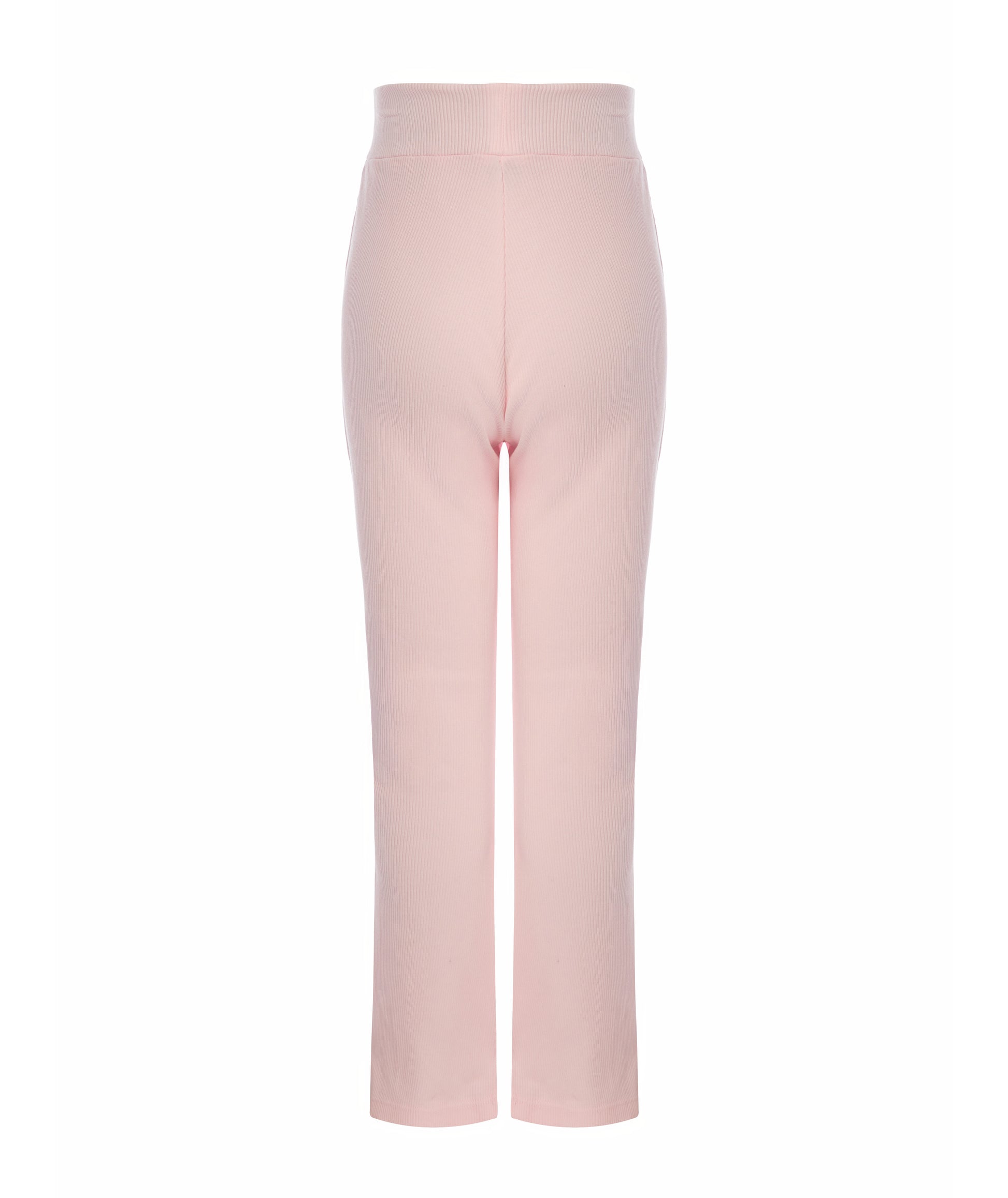 Back view of Goldencubs girls pink cotton flared pants laid flat, showing ribbed cotton texture and clean stitching.