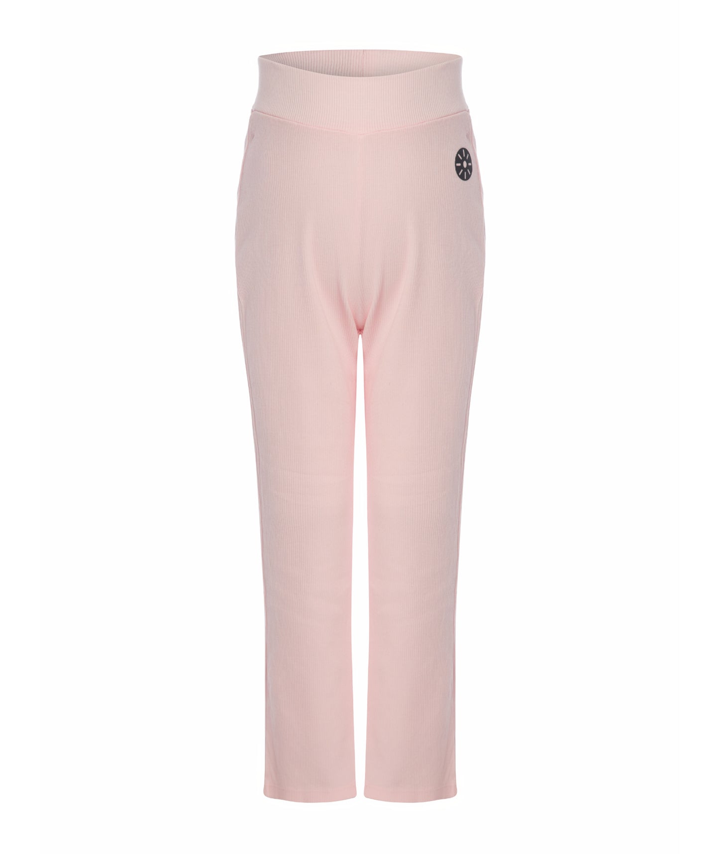 Front view of Goldencubs girls pink cotton flared pants laid flat on white background, showing ribbed waistband and minimalist design.