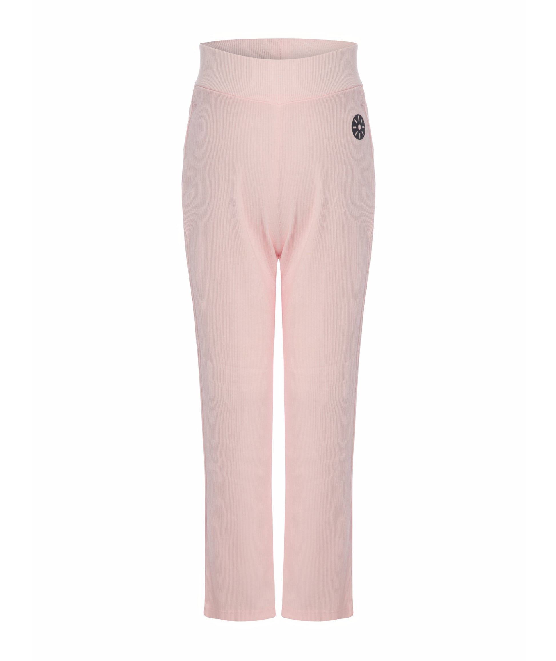 Front view of Goldencubs girls pink cotton flared pants laid flat on white background, showing ribbed waistband and minimalist design.