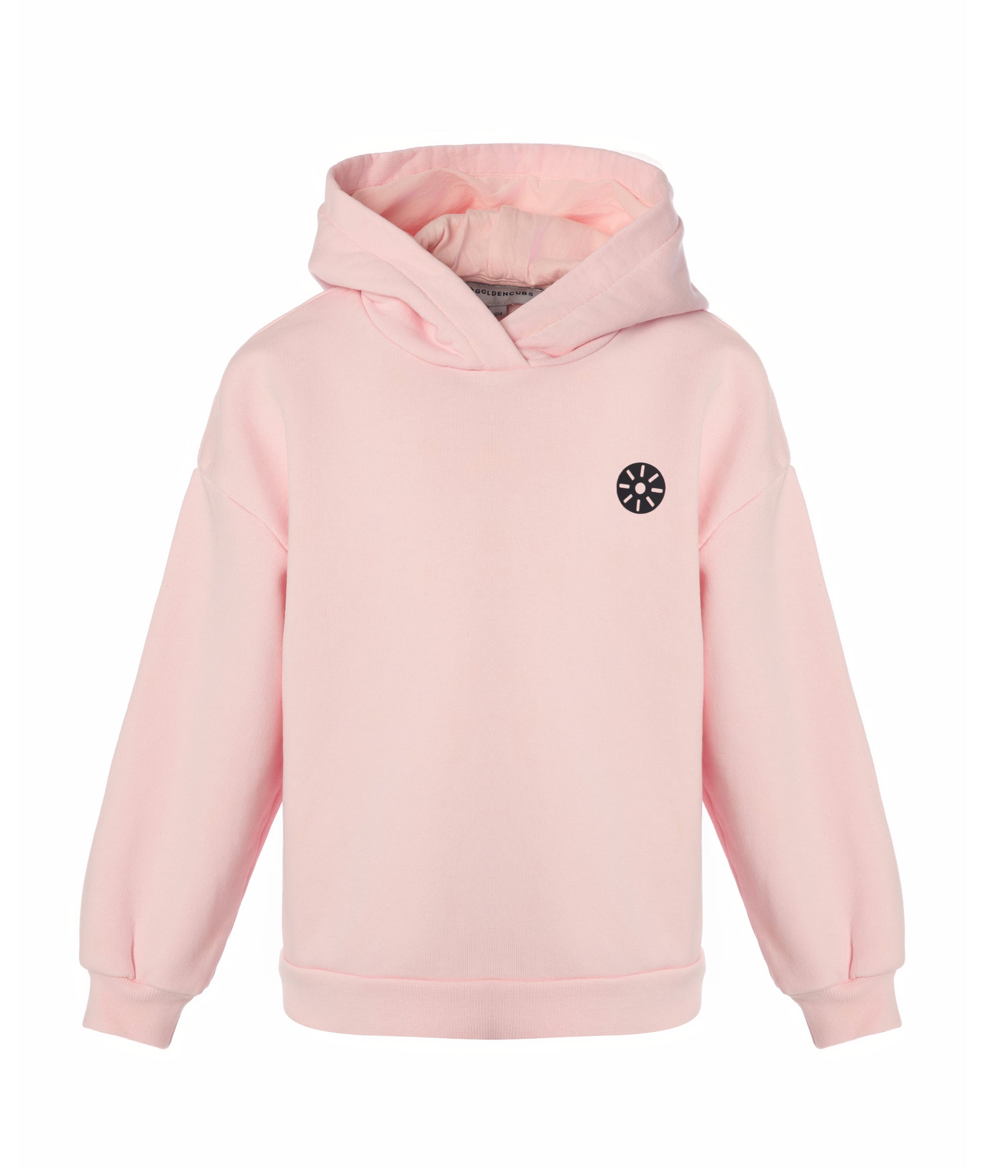 Front view of Goldencubs girls pink cotton hoodie laid flat on white background, showing hood and minimalist design.