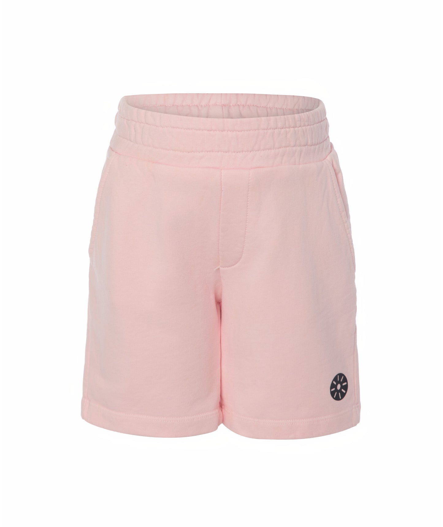 Front view of Goldencubs girls pink cotton shorts laid flat on white background, featuring elastic waist and side pockets.