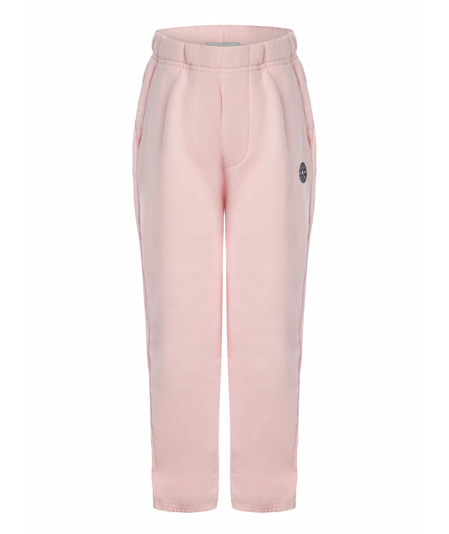 Front view of Goldencubs girls pink cotton sweatpants laid flat on white background, highlighting clean minimalist design.