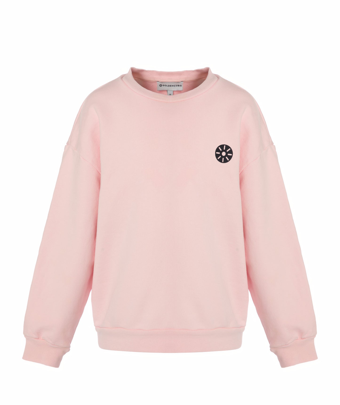 Front view of Goldencubs girls pink cotton sweatshirt laid flat on white background, highlighting clean minimalist design.