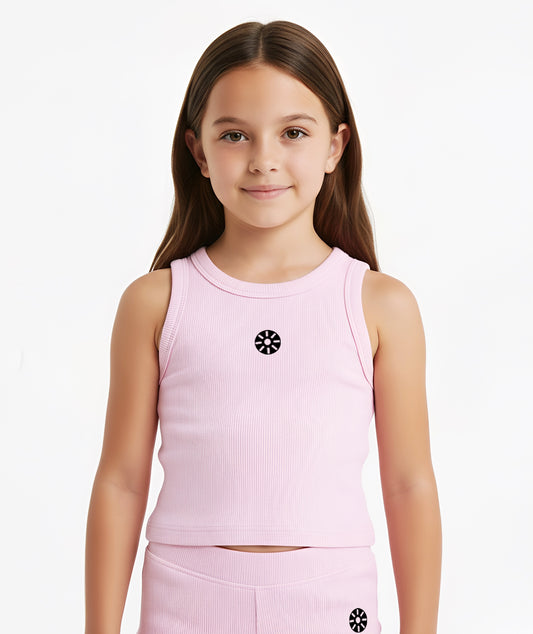 Girl in Goldencubs pink ribbed cotton tank top featuring round neckline and black logo on chest.