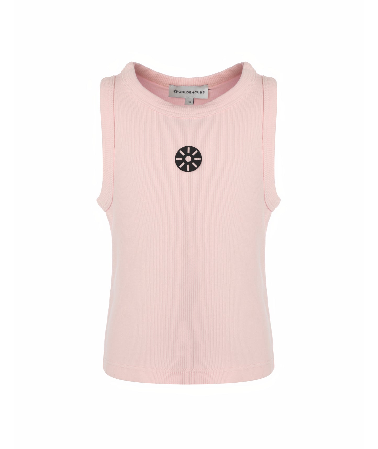 Front view of Goldencubs girls pink cotton tank top laid flat on white background, highlighting soft ribbed texture.