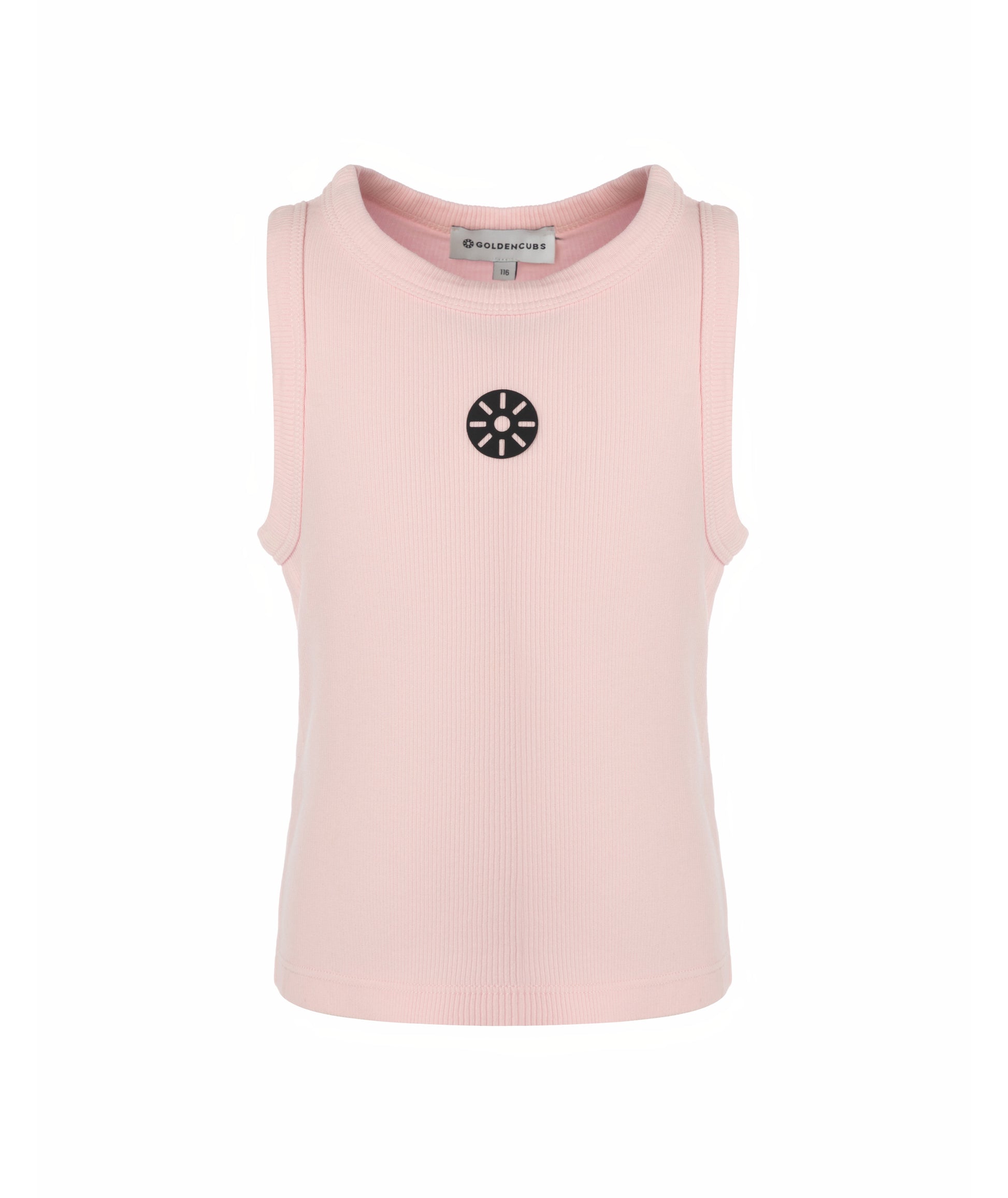 Front view of Goldencubs girls pink cotton tank top laid flat on white background, highlighting soft ribbed texture.