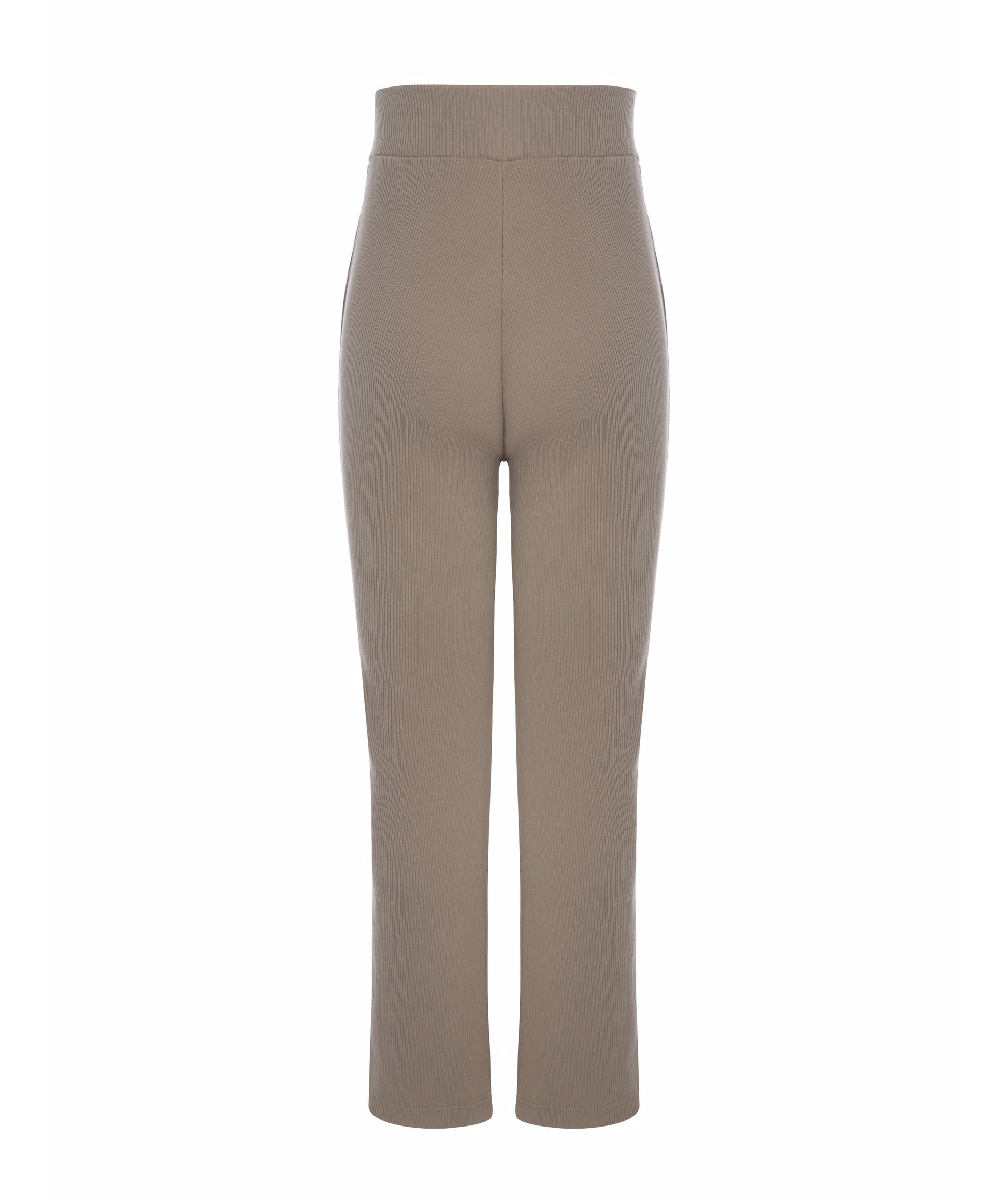Back view of Goldencubs girls taupe cotton flared pants laid flat, showing ribbed texture and clean finish.