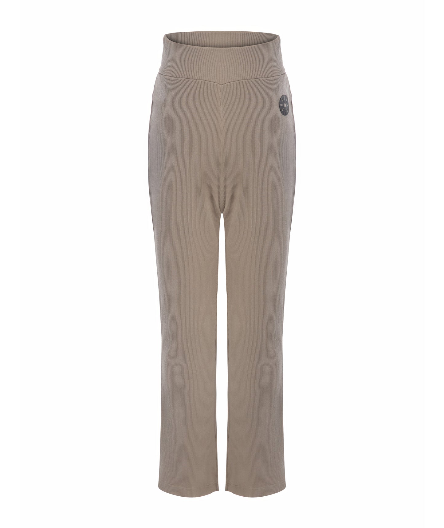 Front view of Goldencubs girls taupe cotton flared pants laid flat on white background, featuring wide ribbed waistband and logo patch.