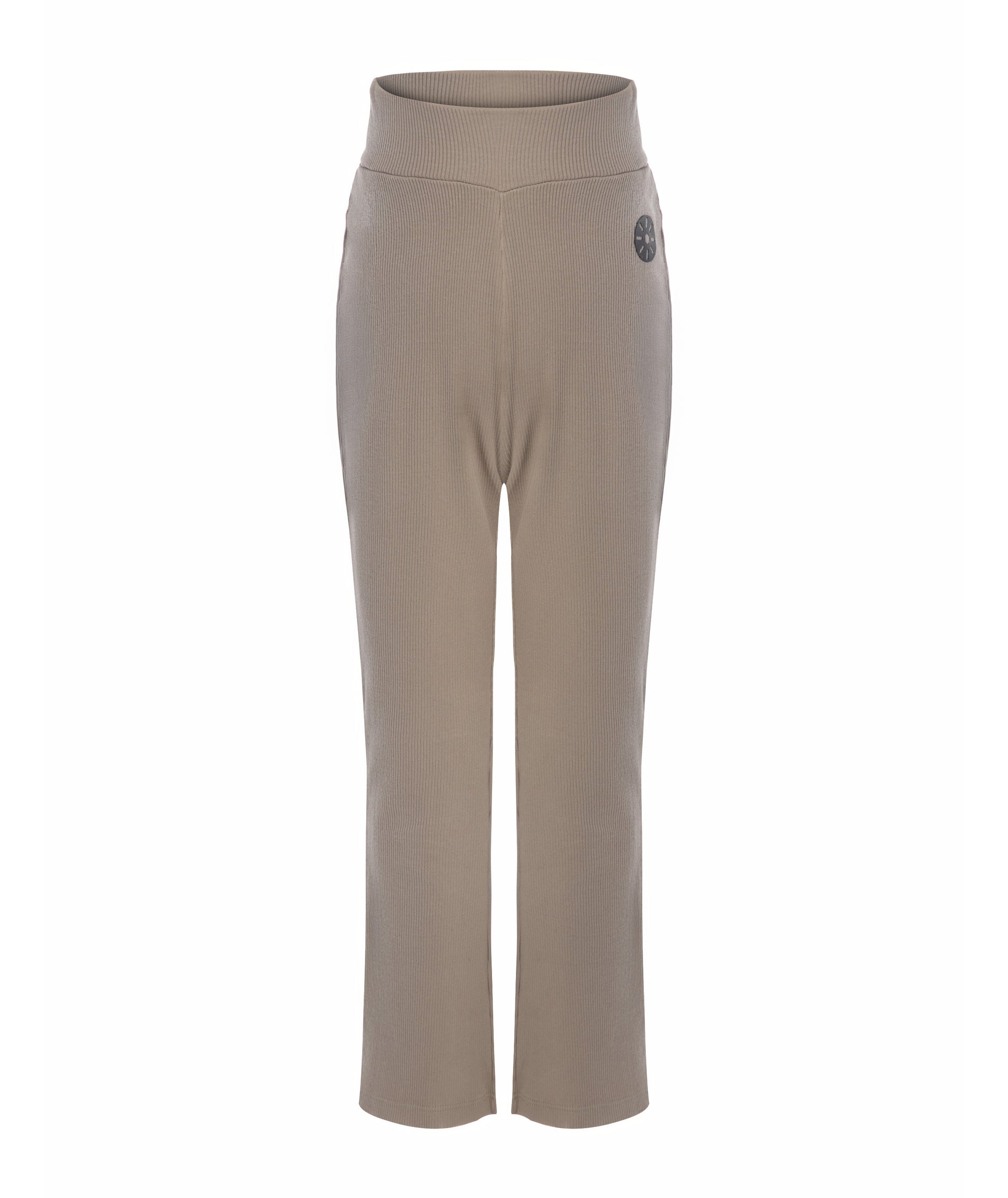 Front view of Goldencubs girls taupe cotton flared pants laid flat on white background, featuring wide ribbed waistband and logo patch.