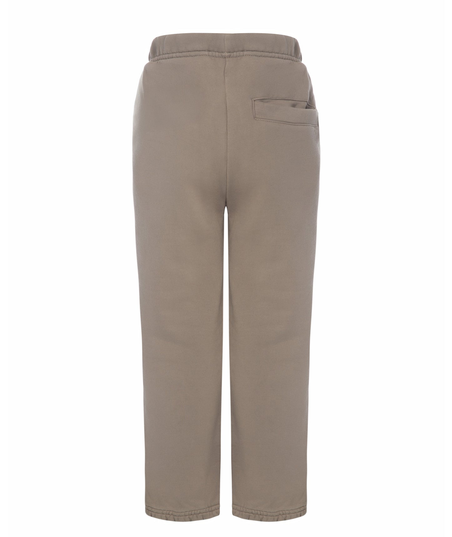 Back view of Goldencubs girls taupe cotton sweatpants laid flat, showing single back pocket and neat stitching.