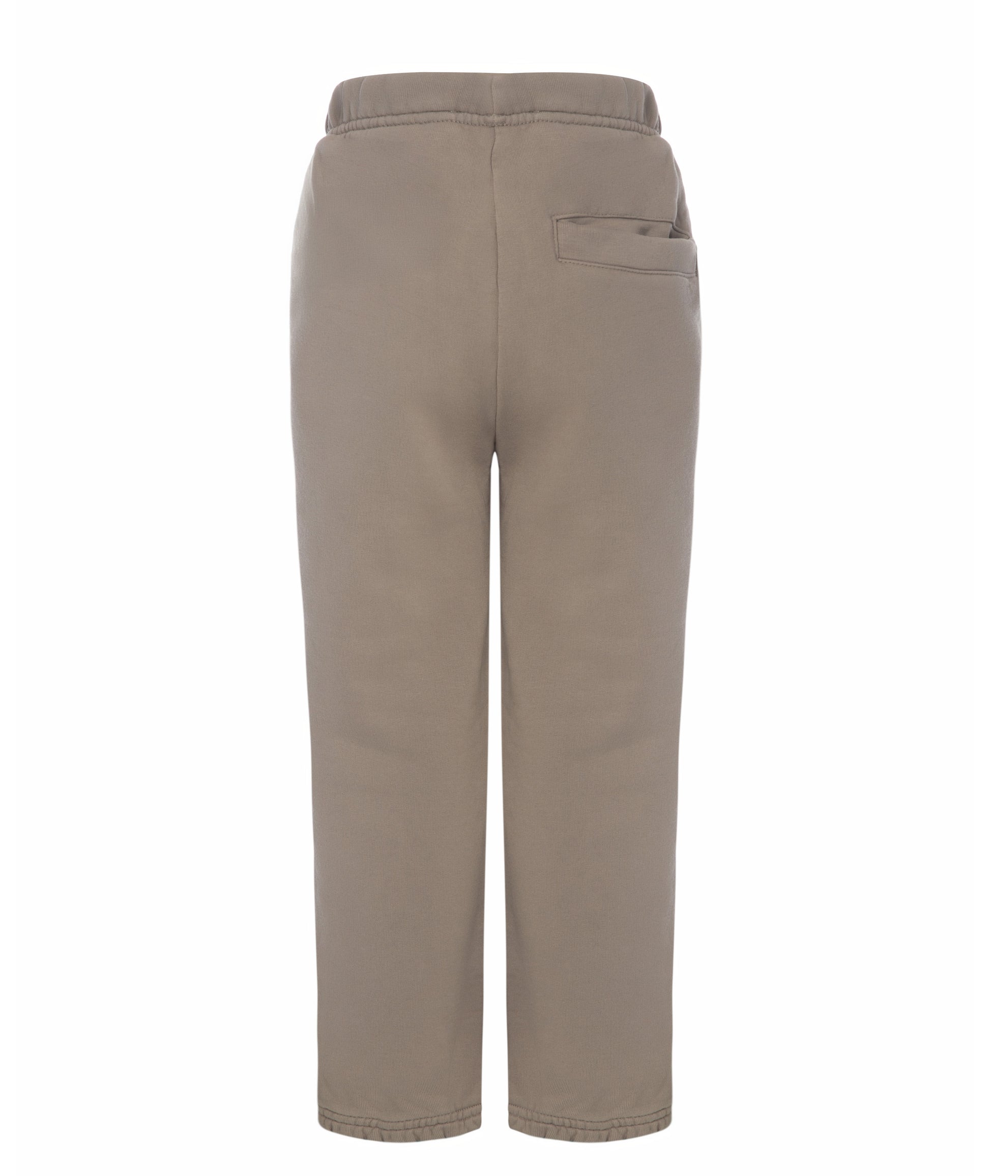 Back view of Goldencubs girls taupe cotton sweatpants laid flat, showing single back pocket and neat stitching.