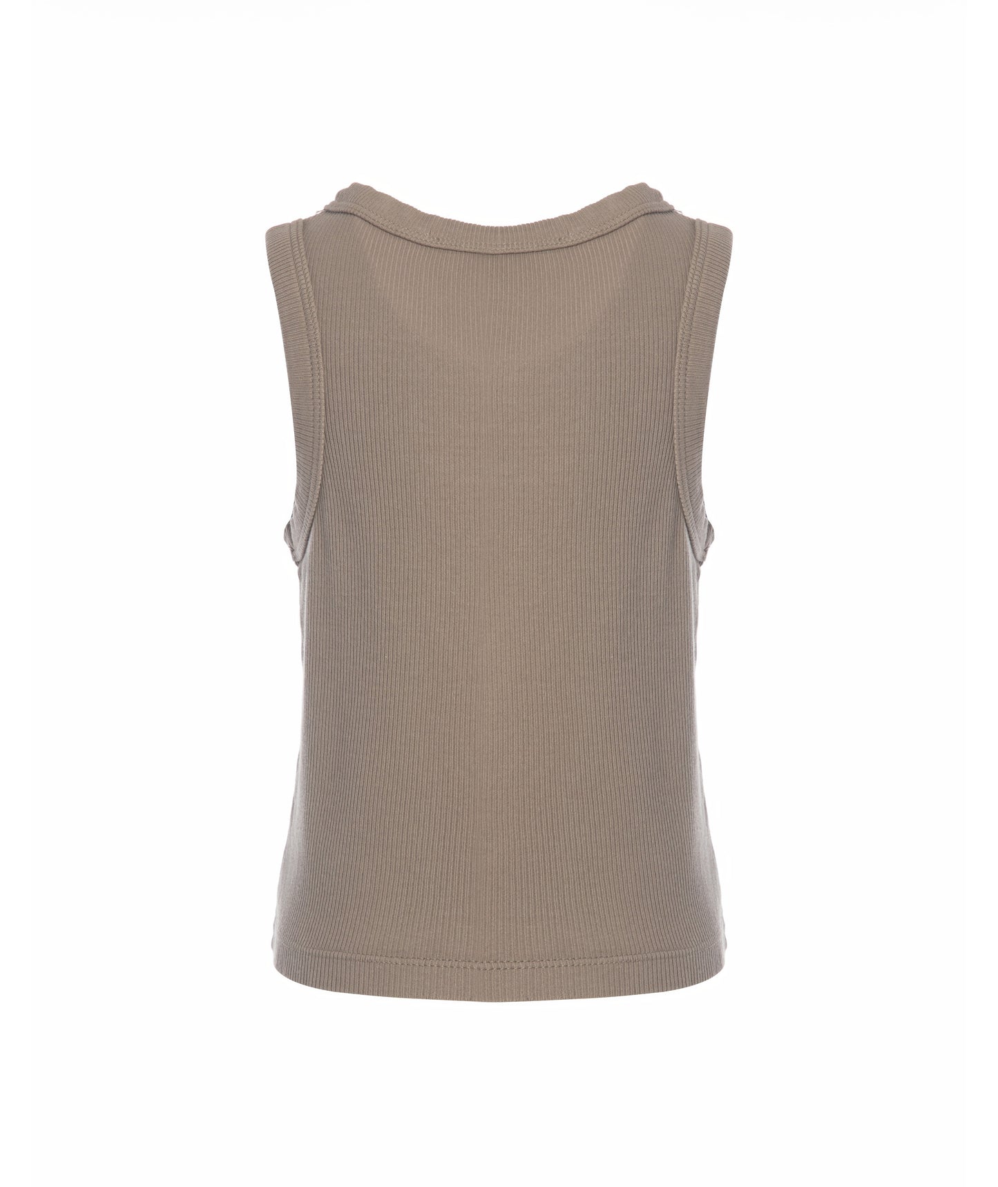 Back view of Goldencubs girls taupe cotton tank top laid flat, highlighting ribbed texture and clean seams.