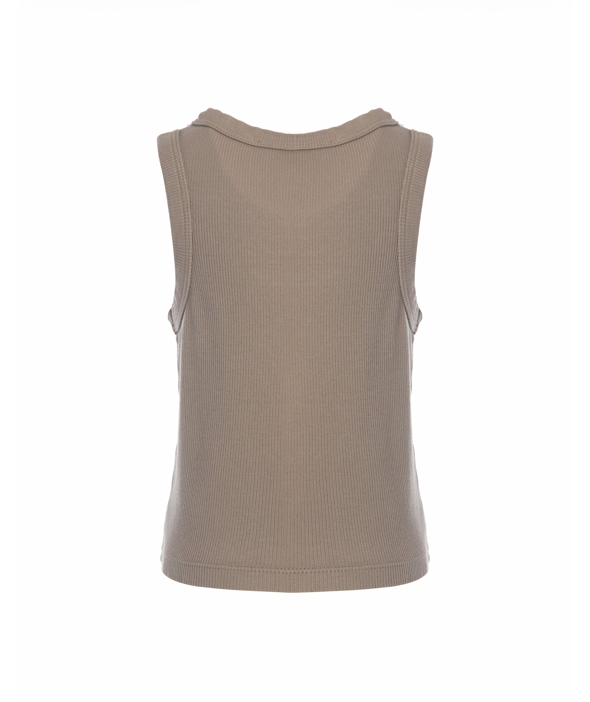 Back view of Goldencubs girls taupe cotton tank top laid flat, highlighting ribbed texture and clean seams.