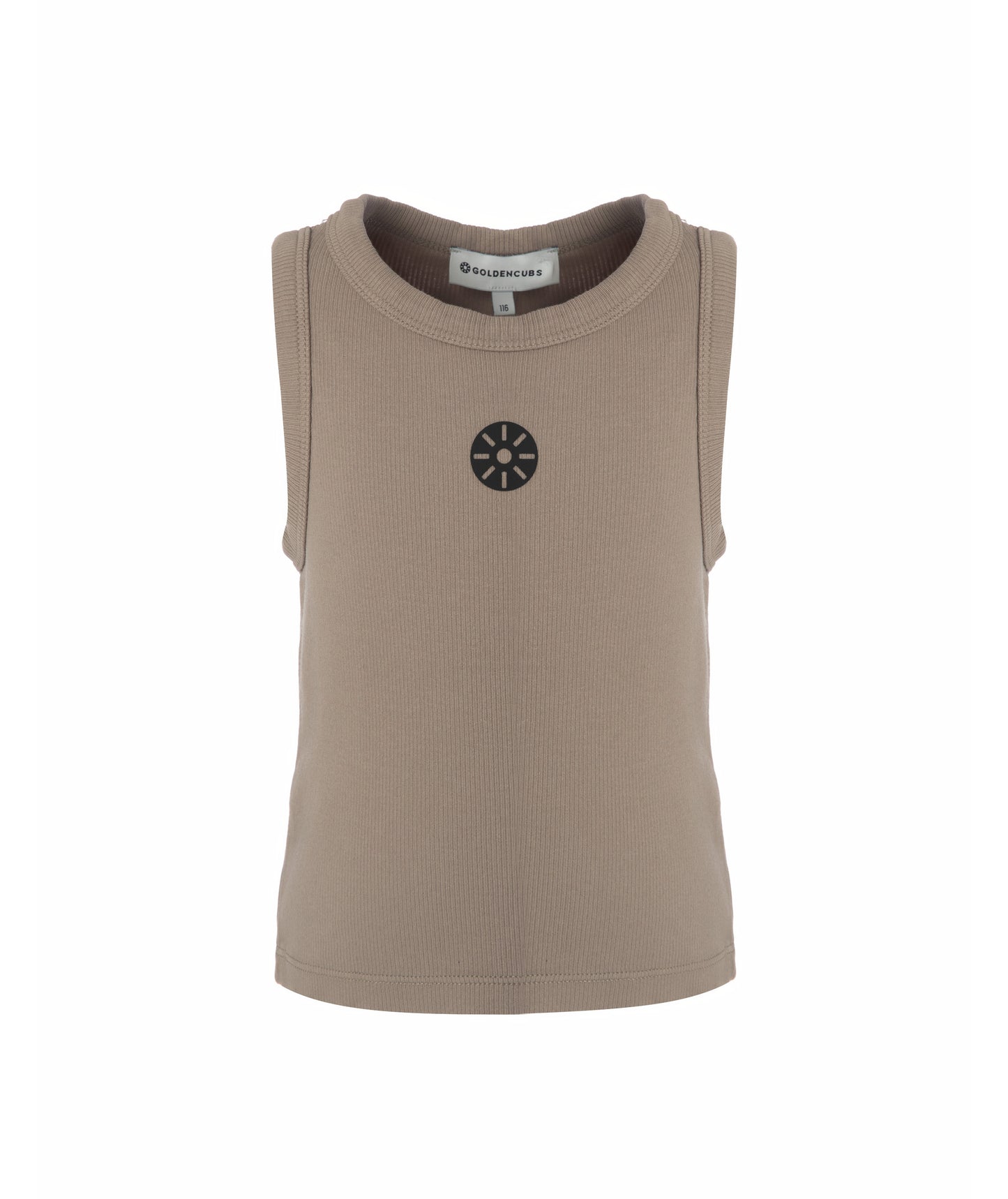 Front view of Goldencubs girls taupe cotton tank top laid flat on white background, showing minimalist sporty design.