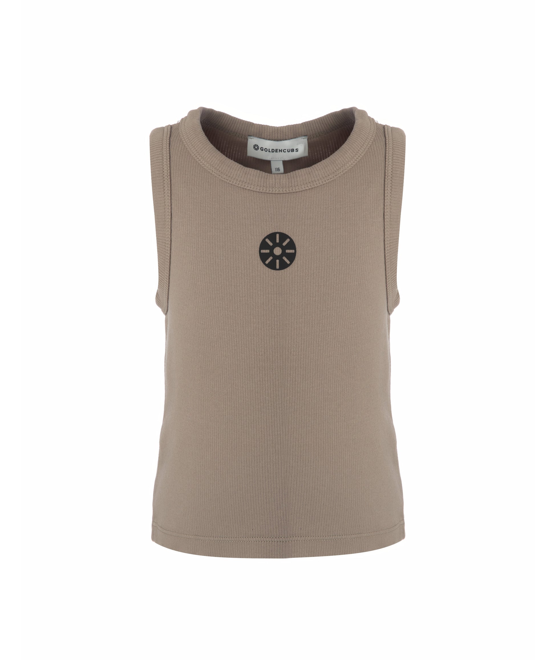 Front view of Goldencubs girls taupe cotton tank top laid flat on white background, showing minimalist sporty design.
