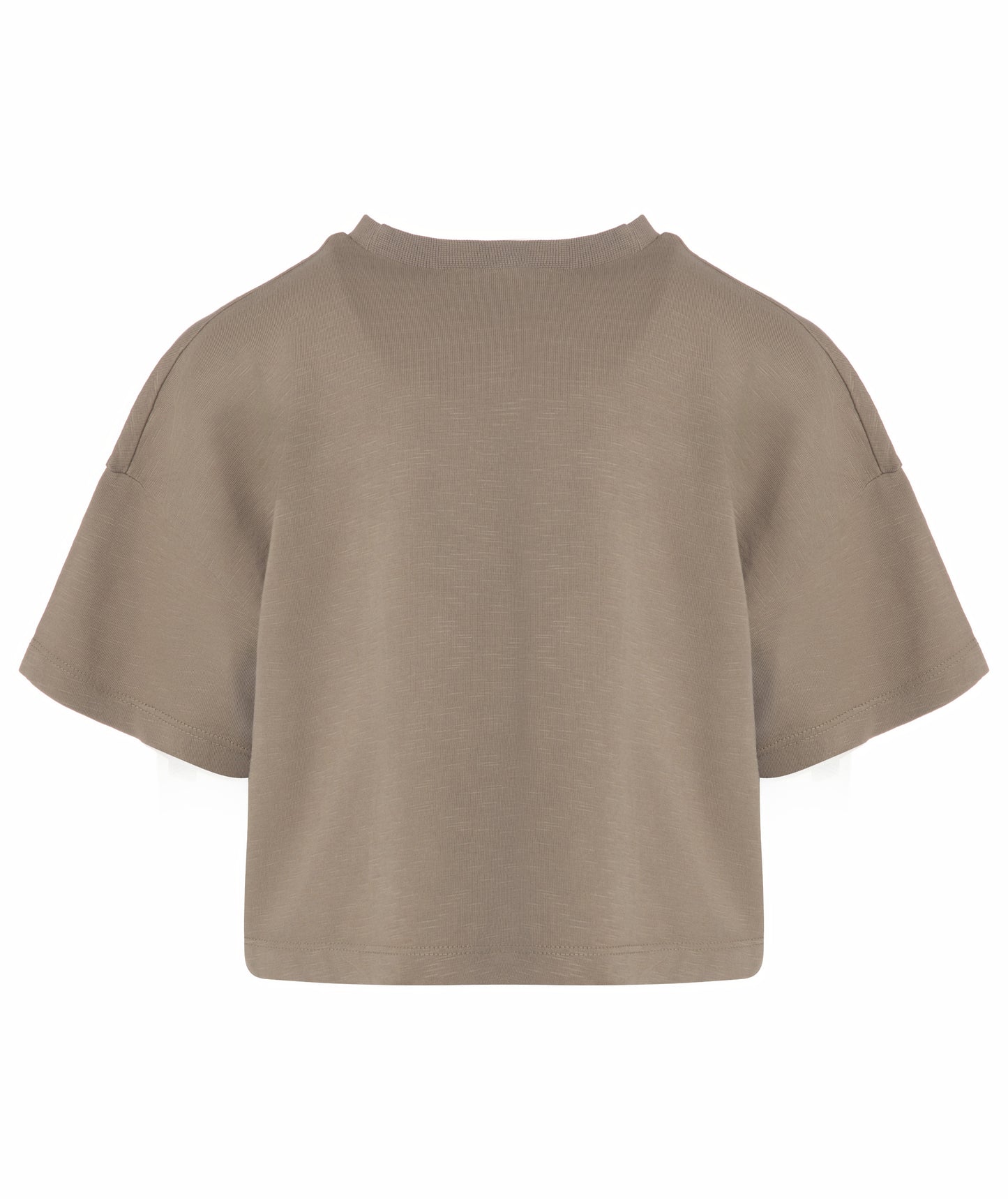 Back view of Goldencubs girls taupe cotton cropped T-shirt laid flat on white background, showing minimalist silhouette.