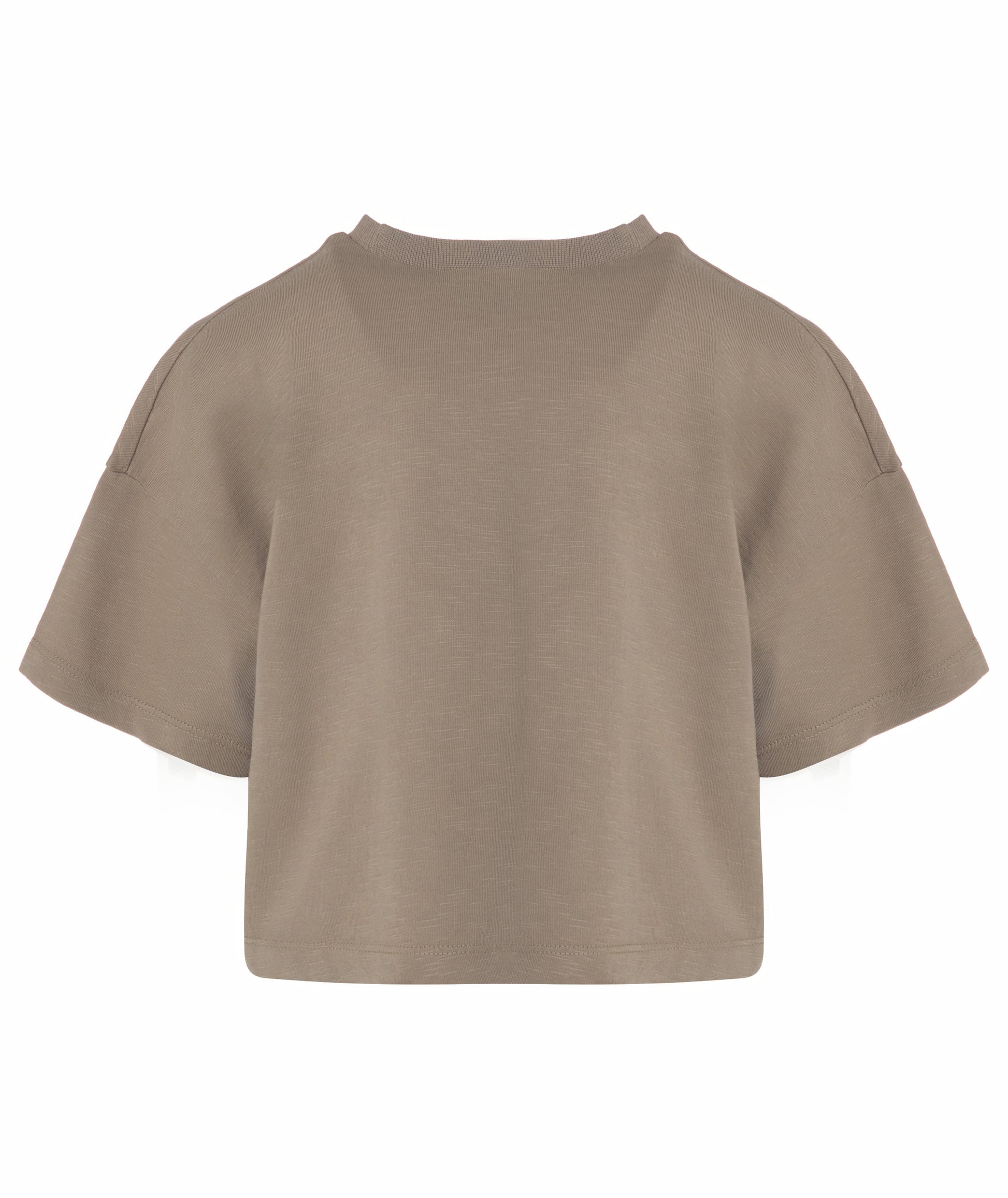 Back view of Goldencubs girls taupe cotton cropped T-shirt laid flat on white background, showing minimalist silhouette.