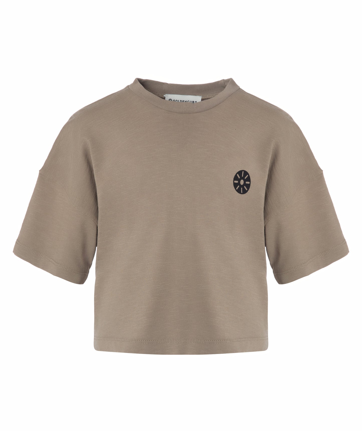 Front view of Goldencubs girls taupe cotton cropped T-shirt laid flat, highlighting clean design and logo detail.