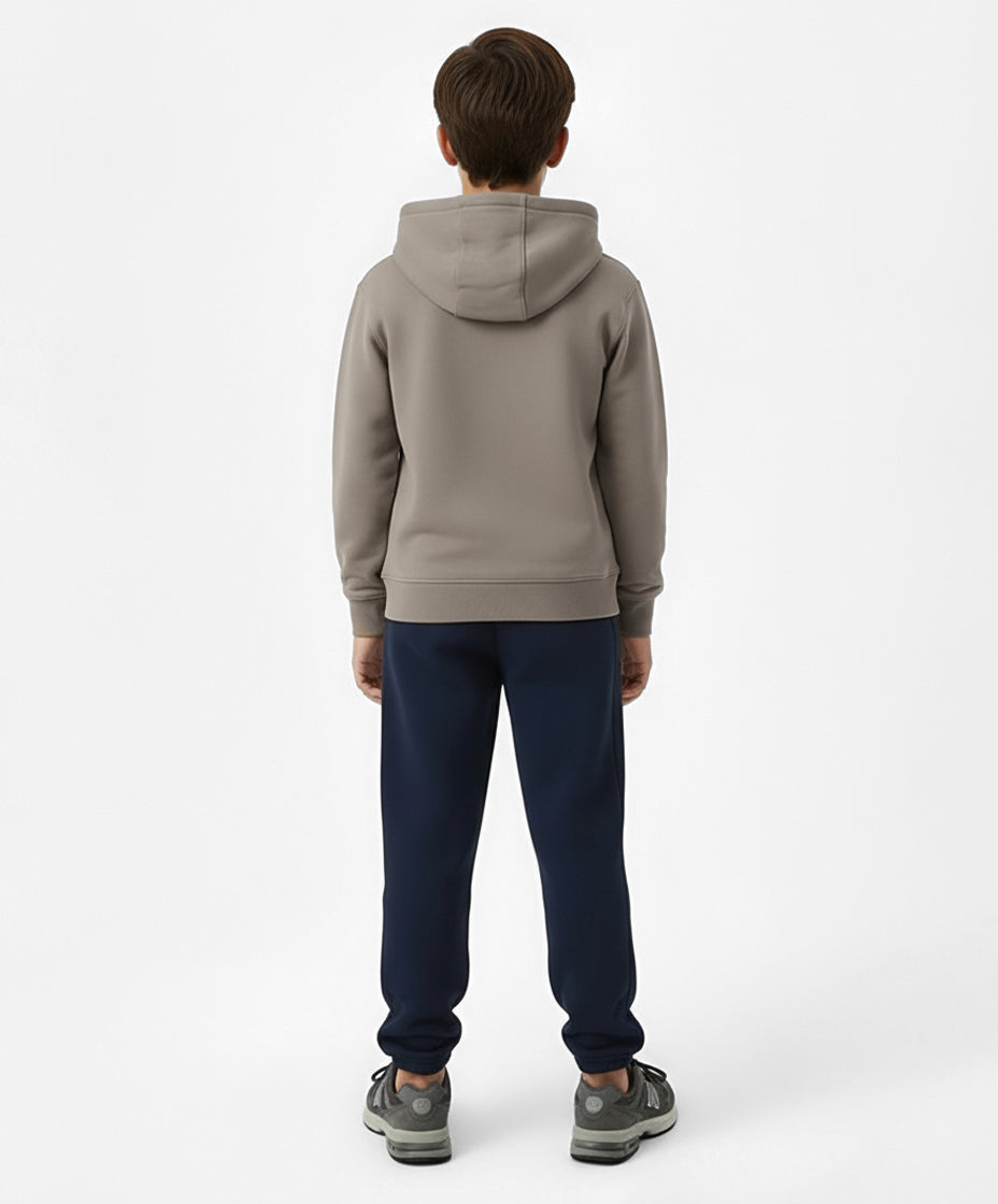 Back view of Goldencubs taupe cotton boys hoodie showing relaxed fit and clean hood design — comfortable and modern kidswear outfit.
