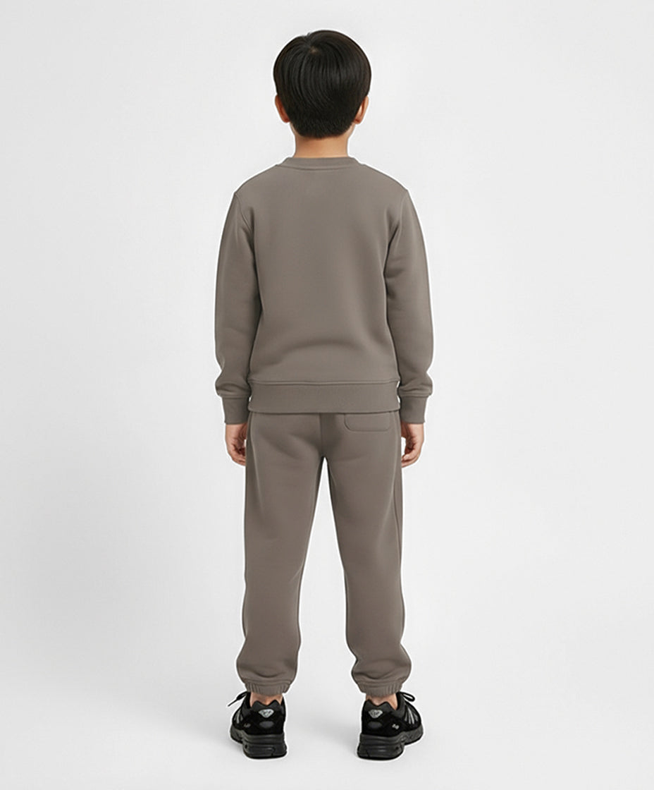 Back view of boy wearing Goldencubs taupe cotton sweatshirt — relaxed fit and clean design for a modern, casual kidswear look.