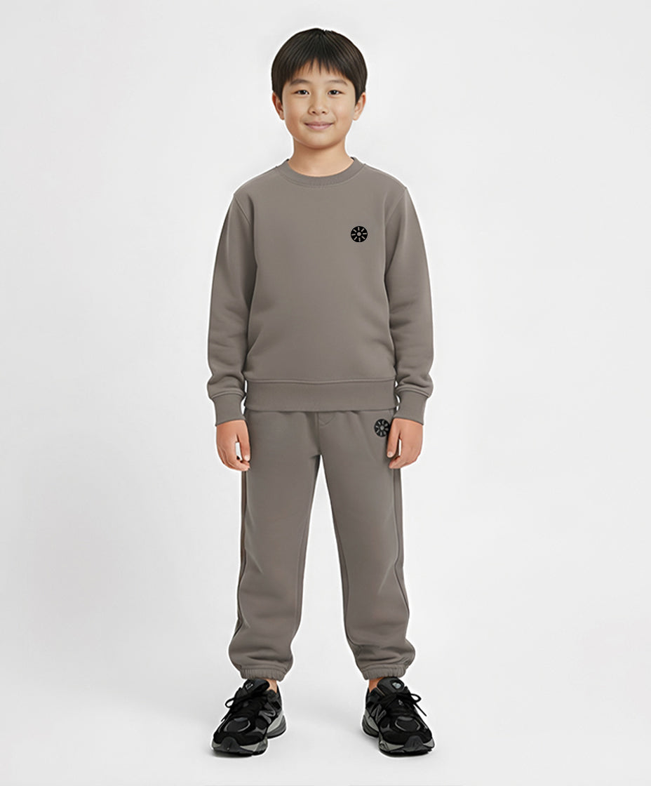 Front view of boy wearing Goldencubs taupe cotton sweatshirt — relaxed fit and clean design for a modern, casual kidswear look.