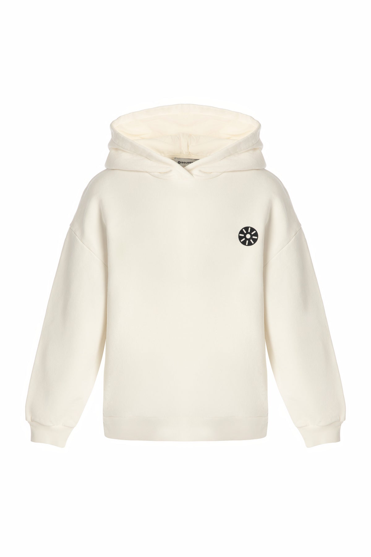 Front product image of Goldencubs white cotton boys hoodie featuring cozy fit, kangaroo pocket, and modern logo patch.