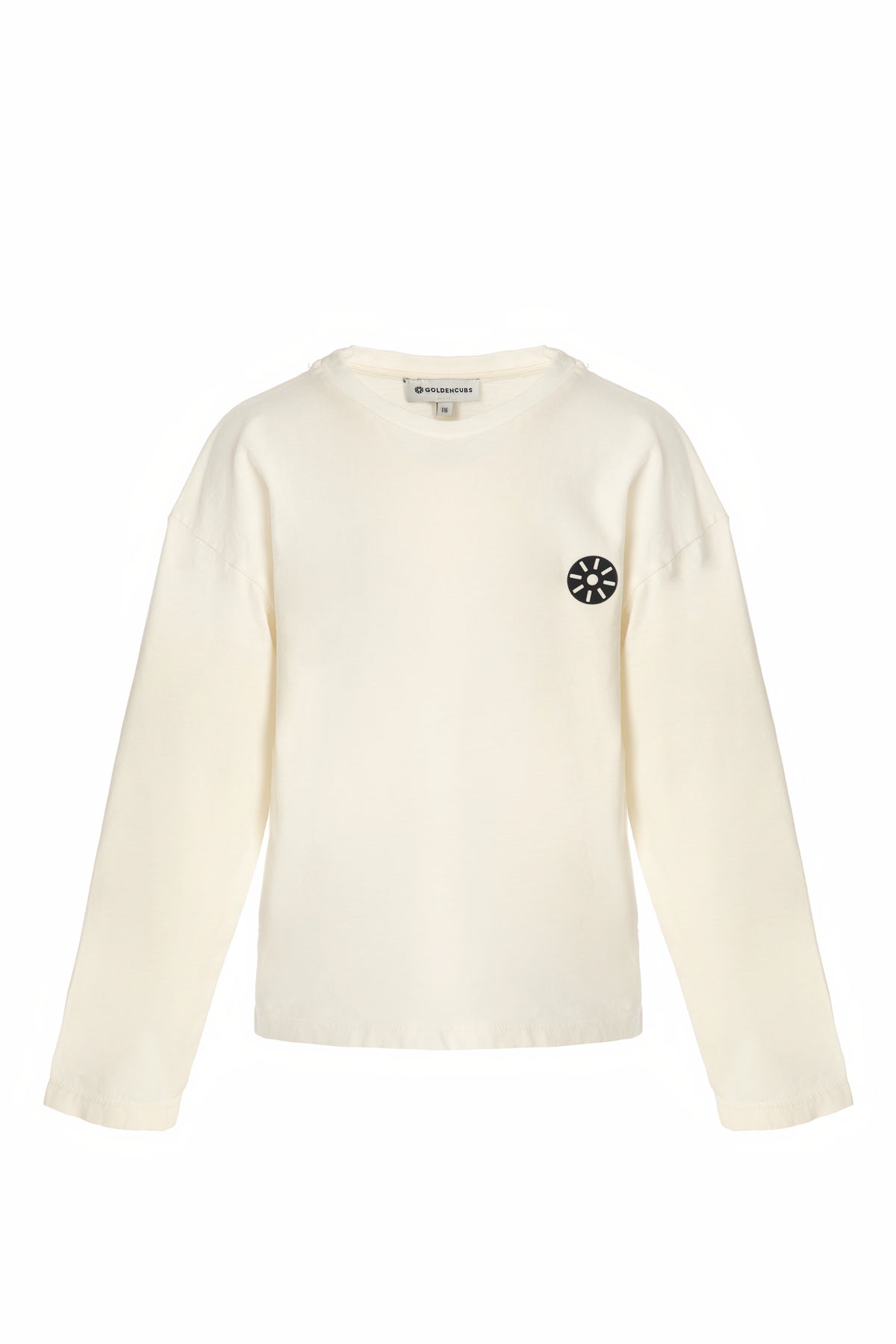 Front product image of Goldencubs white cotton boys long sleeve T-shirt featuring signature black logo patch — timeless kids casualwear essential.