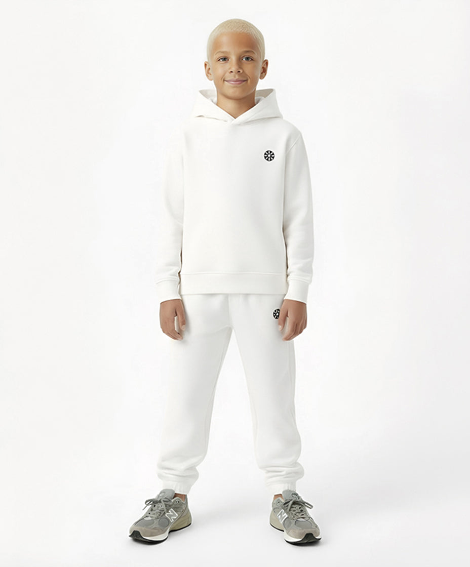 Front view of boy wearing Goldencubs white cotton sweatpants and hoodie — soft, comfortable, and breathable cotton outfit for boys.