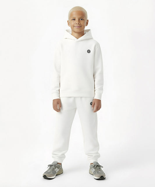 Front view of boy wearing Goldencubs white cotton sweatpants and hoodie — soft, comfortable, and breathable cotton outfit for boys.