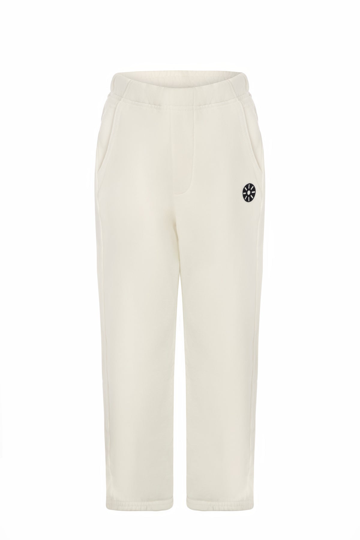 Front product image of Goldencubs white cotton boys sweatpants featuring relaxed fit, side pockets, and sleek minimalist design.