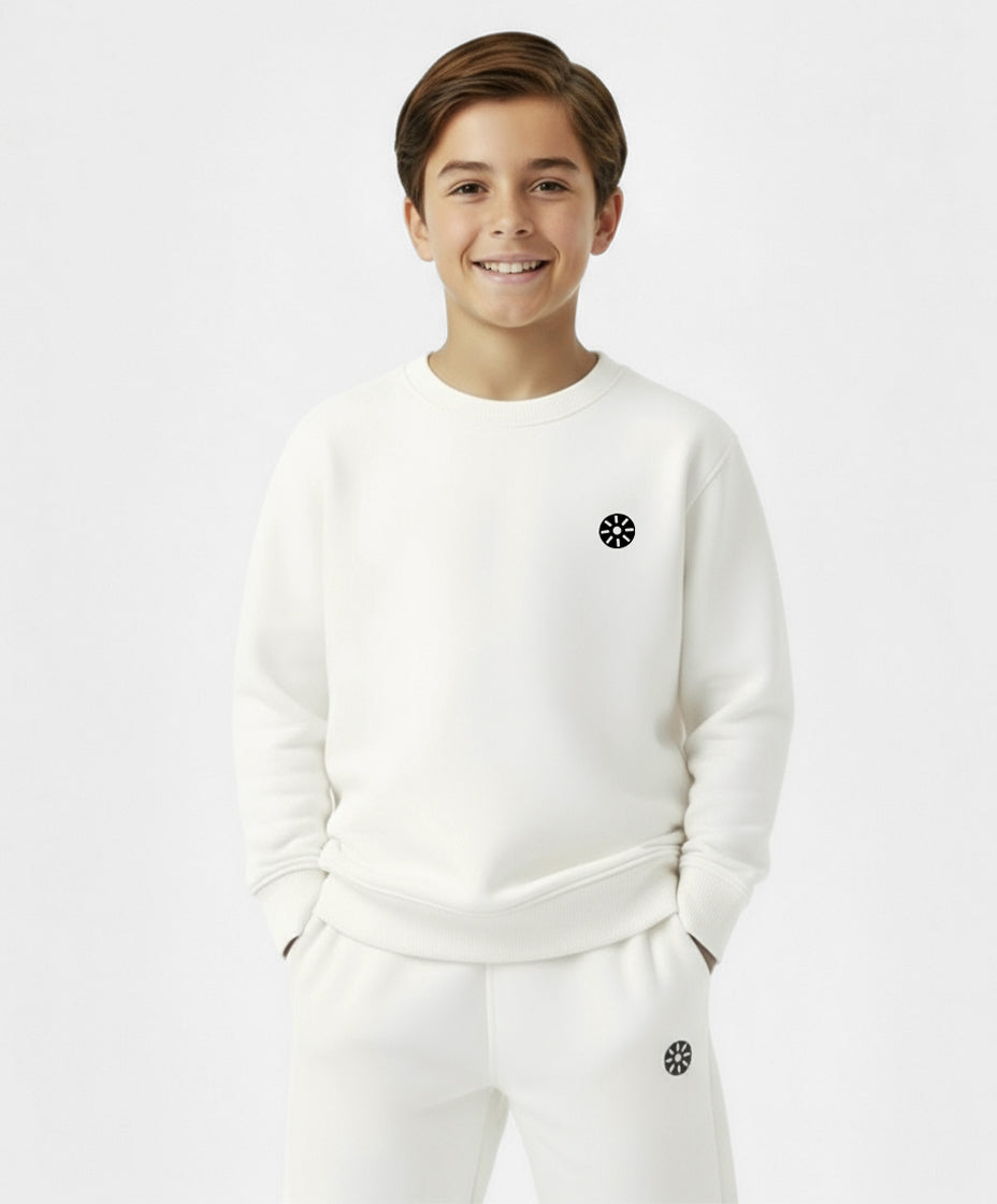 Smiling boy wearing Goldencubs white cotton boys sweatshirt — stylish and soft cotton top designed for everyday play and comfort.
