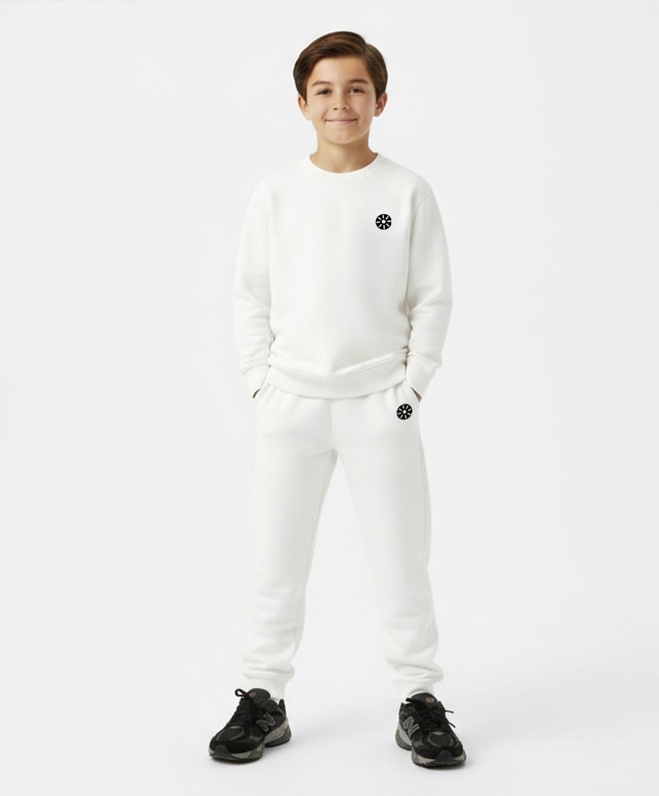 Full front view of boy wearing Goldencubs white cotton boys sweatshirt and matching sweatpants — versatile and comfortable outfit for boys.