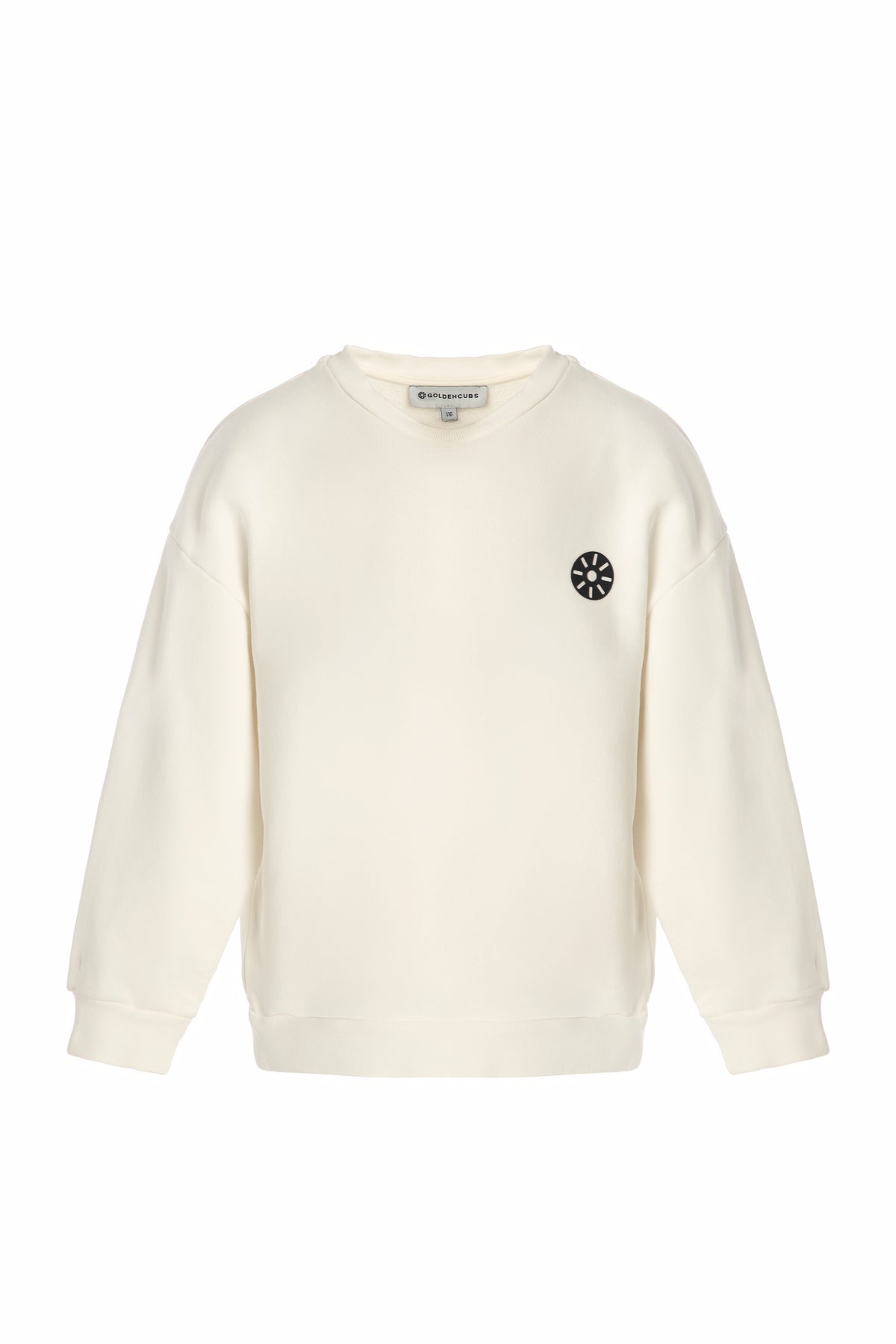 Front product image of Goldencubs white cotton boys sweatshirt featuring relaxed fit and modern minimalist style — soft, breathable kidswear essential.