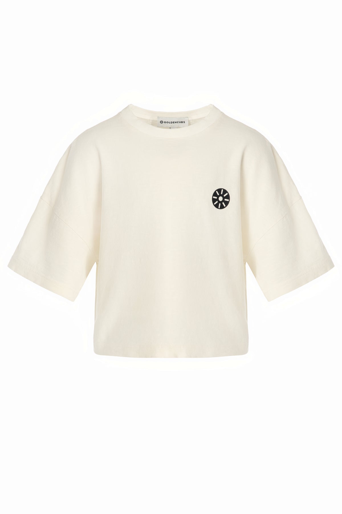 Front product image of Goldencubs white cotton boys t-shirt featuring crew neck, short sleeves, and signature black logo patch.