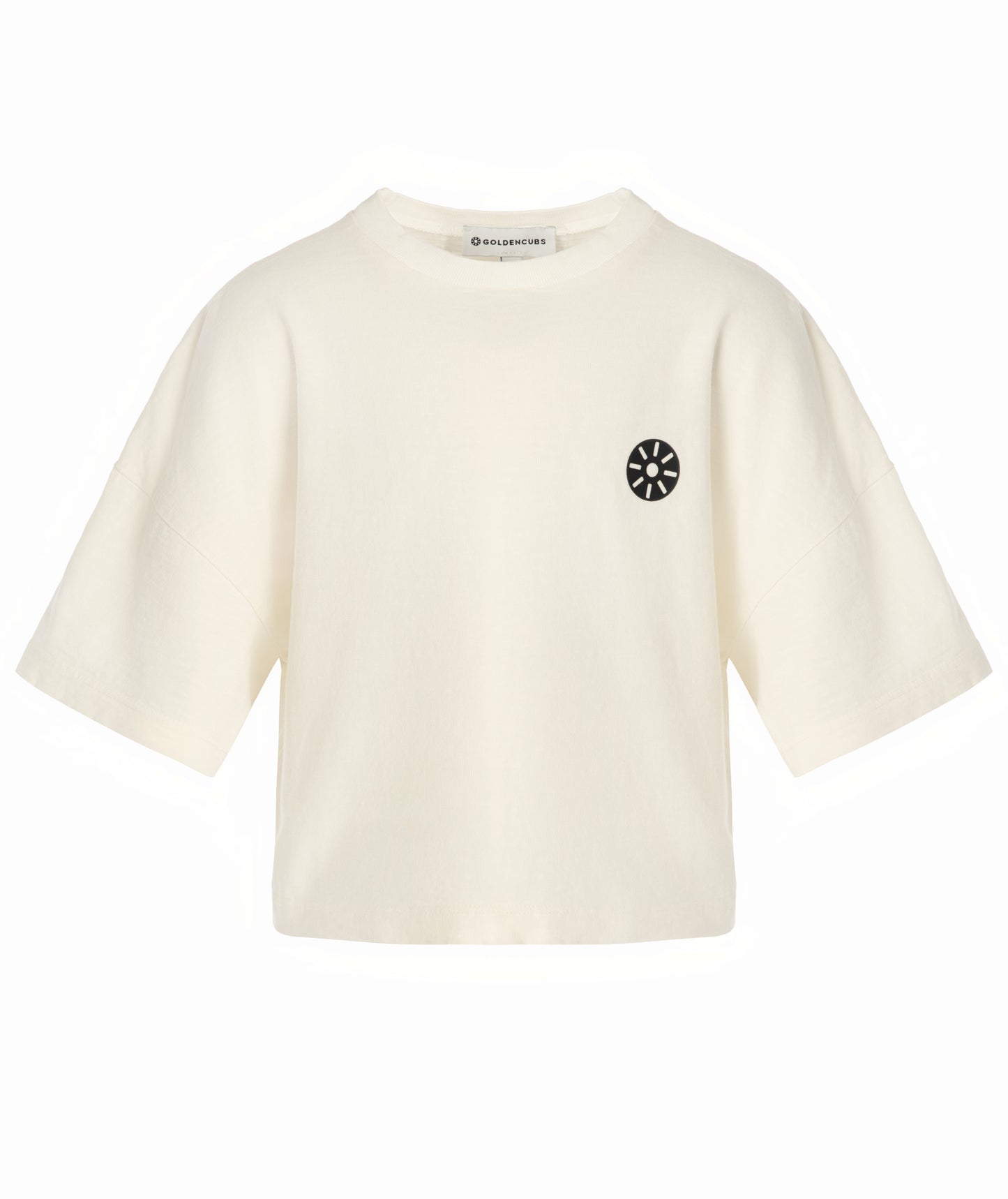Front view of Goldencubs white cotton cropped T-shirt for girls featuring relaxed fit, dropped shoulders, and signature black logo patch — soft and breathable everyday top.