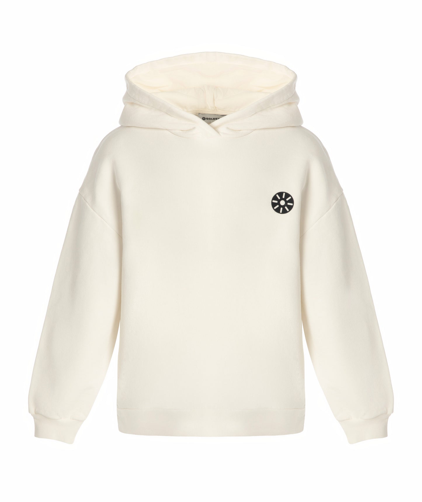 Front view of Goldencubs white cotton girls hoodie with drawstring-free hood and relaxed fit — cozy, minimalist everyday wear for kids.