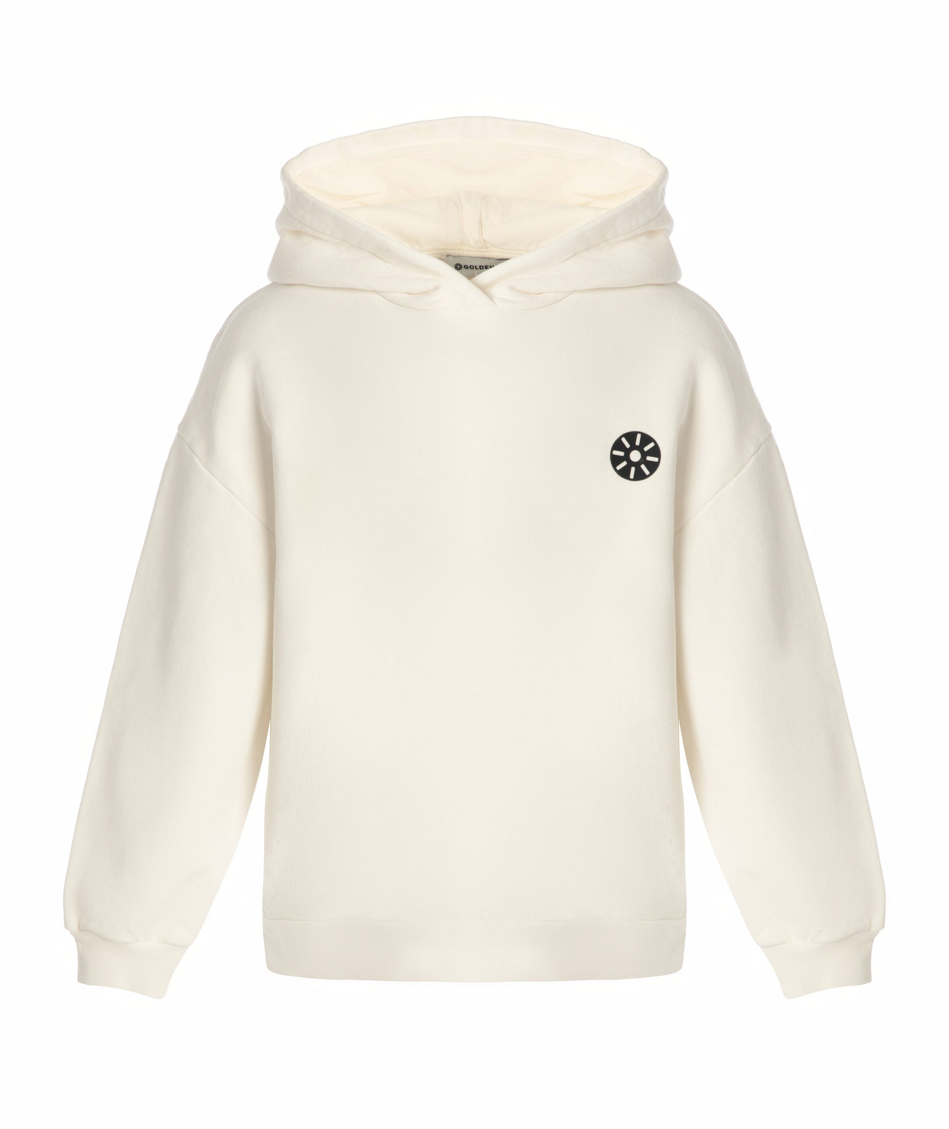 Front view of Goldencubs white cotton girls hoodie with drawstring-free hood and relaxed fit — cozy, minimalist everyday wear for kids.