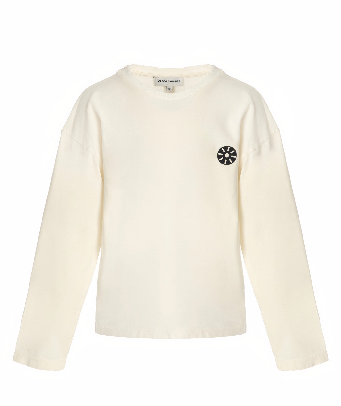 Front view of Goldencubs white cotton long sleeve T-shirt for girls featuring crew neck and minimalist logo — soft, breathable everyday essential.