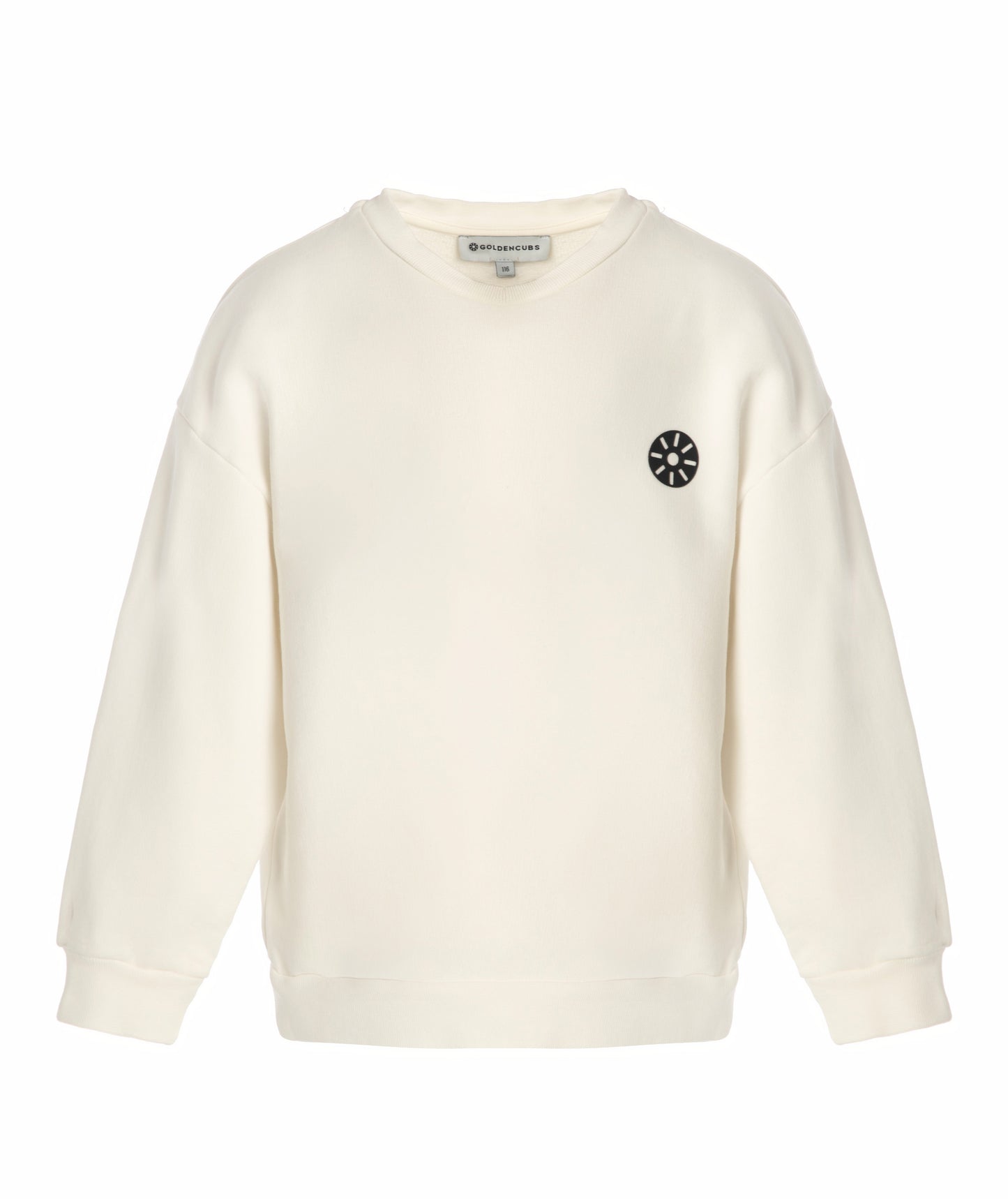 Front view of Goldencubs white cotton girls sweatshirt with relaxed fit, ribbed cuffs, and minimalist logo — cozy and stylish kids loungewear essential.