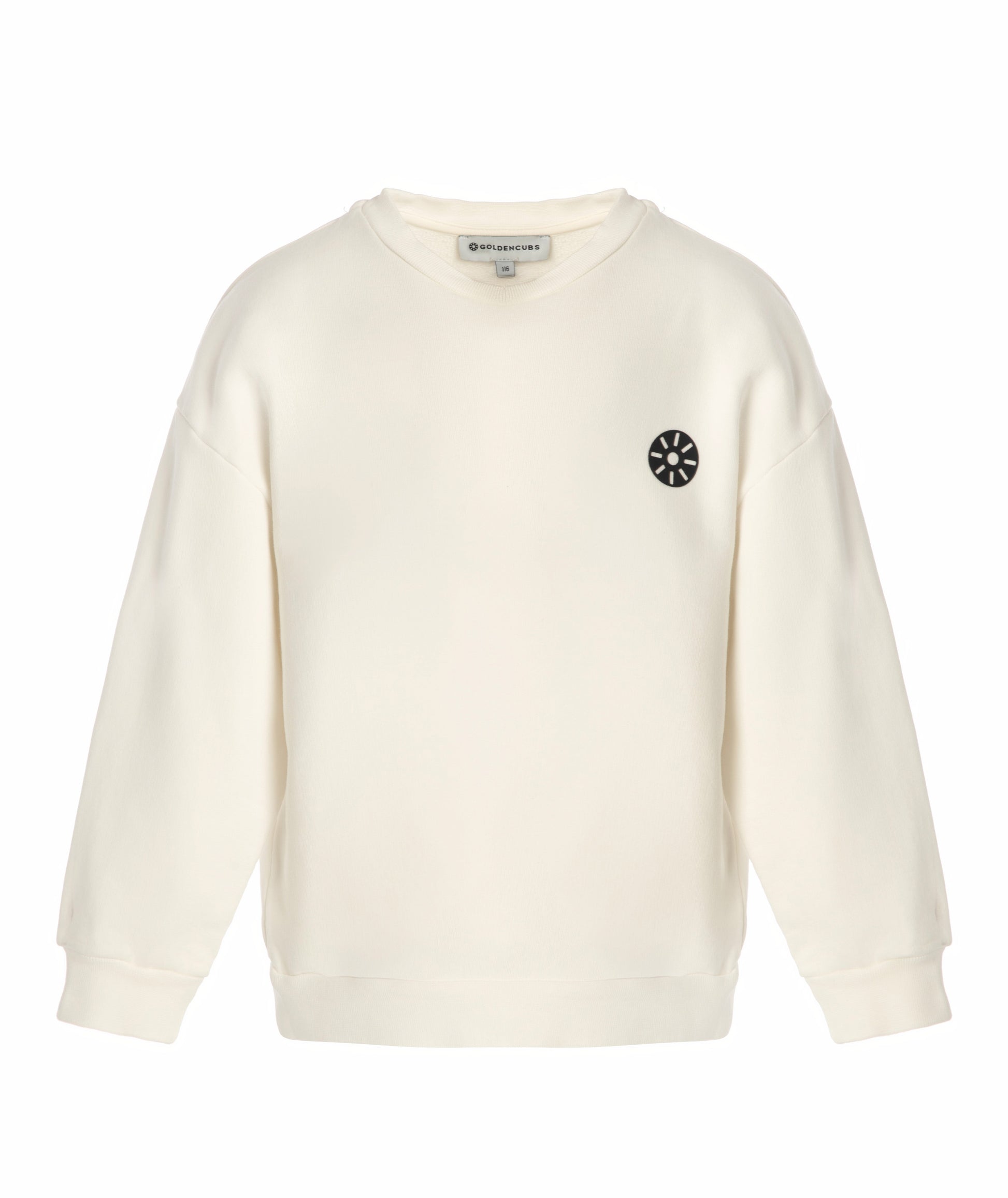 Front view of Goldencubs white cotton girls sweatshirt with relaxed fit, ribbed cuffs, and minimalist logo — cozy and stylish kids loungewear essential.