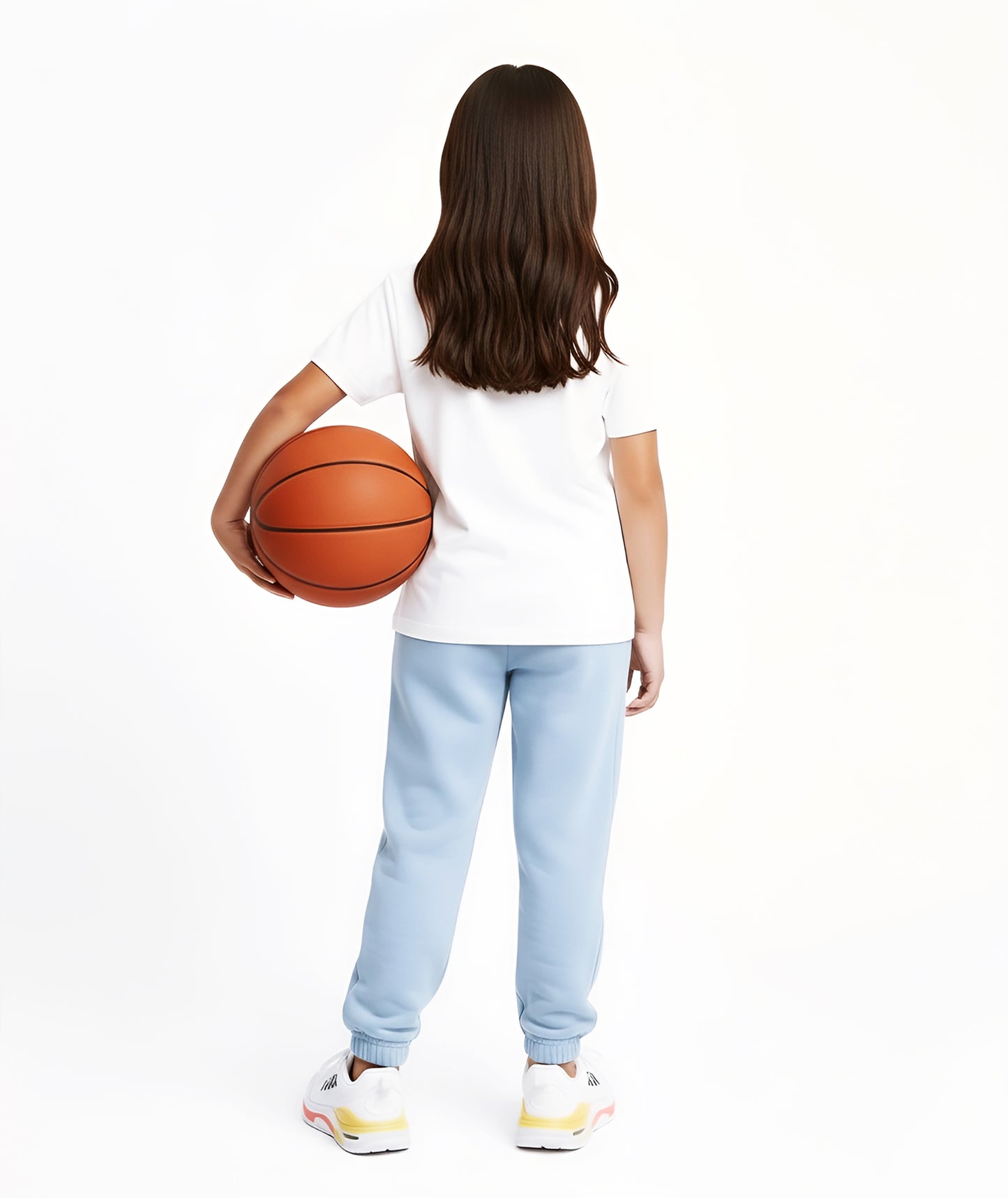 Rear view of a girl in a white cotton T-shirt and pastel blue joggers holding a basketball, showing the relaxed fit and smooth cotton texture of the shirt.