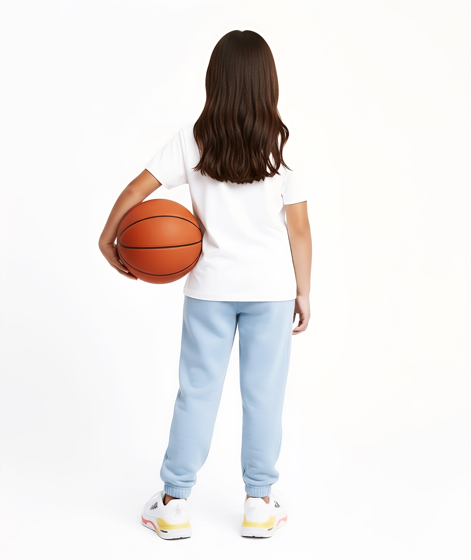 Rear view of a girl in a white cotton T-shirt and pastel blue joggers holding a basketball, showing the relaxed fit and smooth cotton texture of the shirt.