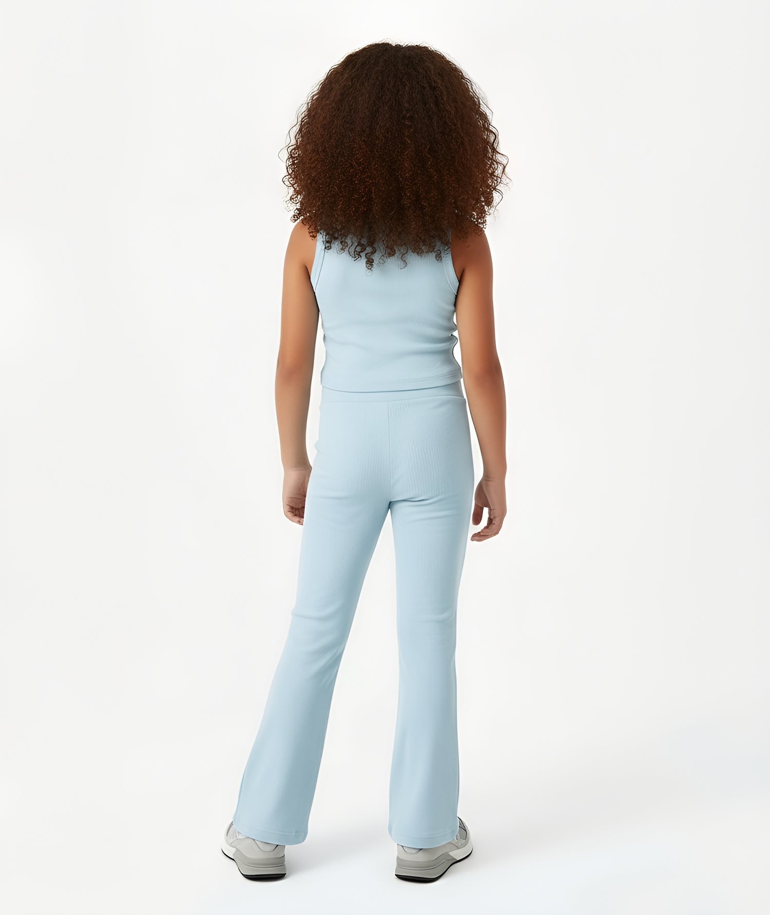Rear view of Goldencubs girls baby blue cotton flared pants, showcasing the ribbed texture, flared cut, and soft breathable cotton ideal for everyday wear.