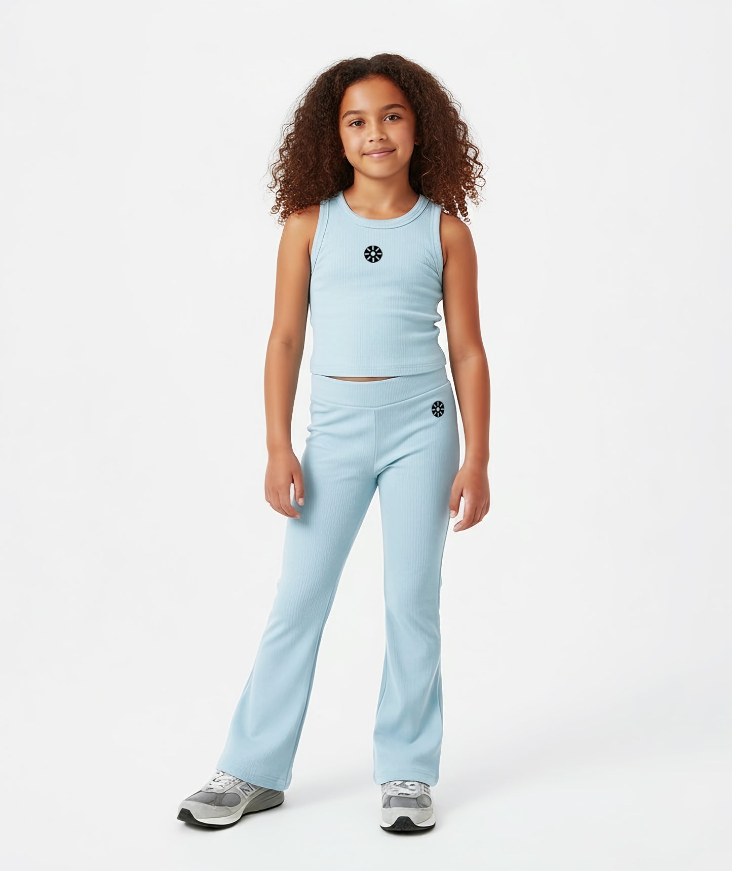 Goldencubs girls baby blue cotton flared pants paired with a matching ribbed tank top, designed for comfort and style — perfect for active days and casual outings.