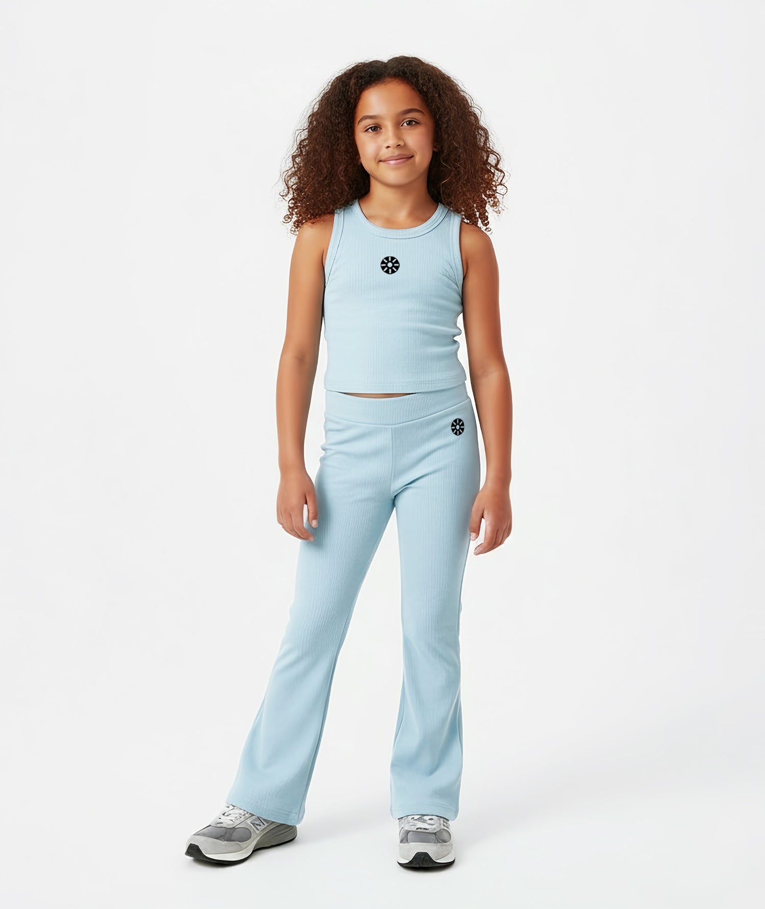 Goldencubs girls baby blue cotton flared pants paired with a matching ribbed tank top, designed for comfort and style — perfect for active days and casual outings.