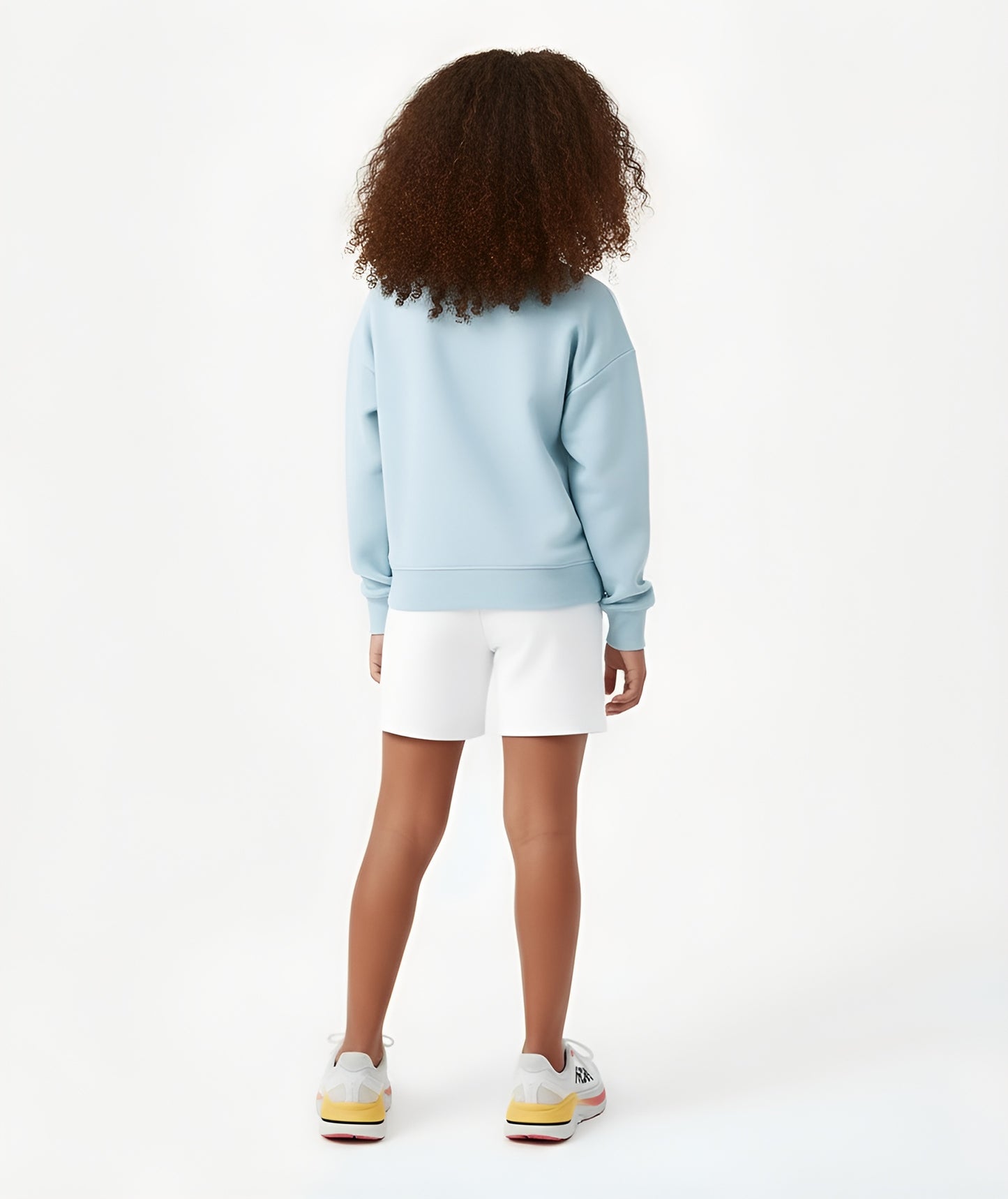 Rear view of Goldencubs girls baby blue cotton sweatshirt with matching pants, highlighting the soft premium cotton fabric and relaxed, comfortable fit.