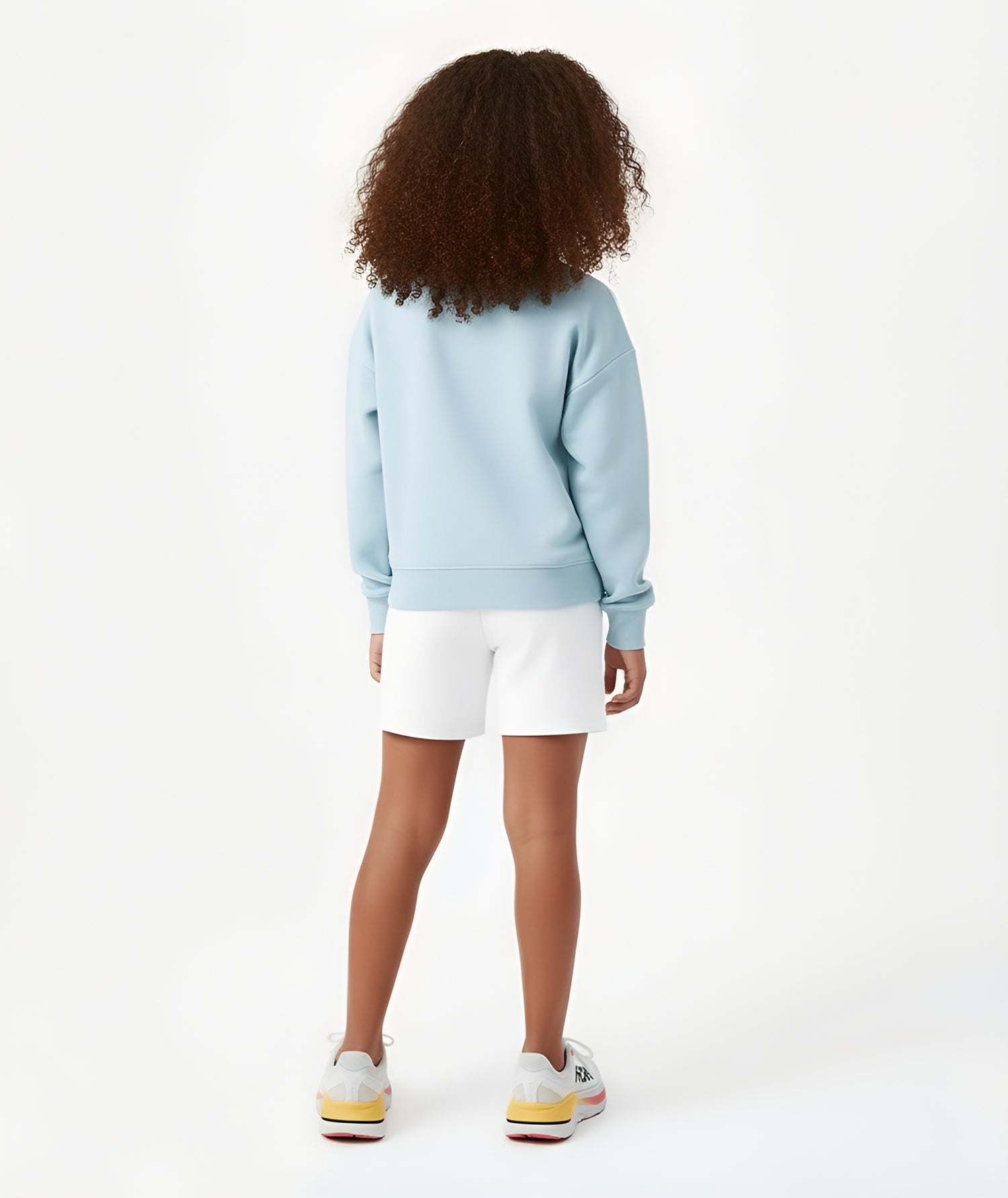 Rear view of Goldencubs girls baby blue cotton sweatshirt with matching pants, highlighting the soft premium cotton fabric and relaxed, comfortable fit.