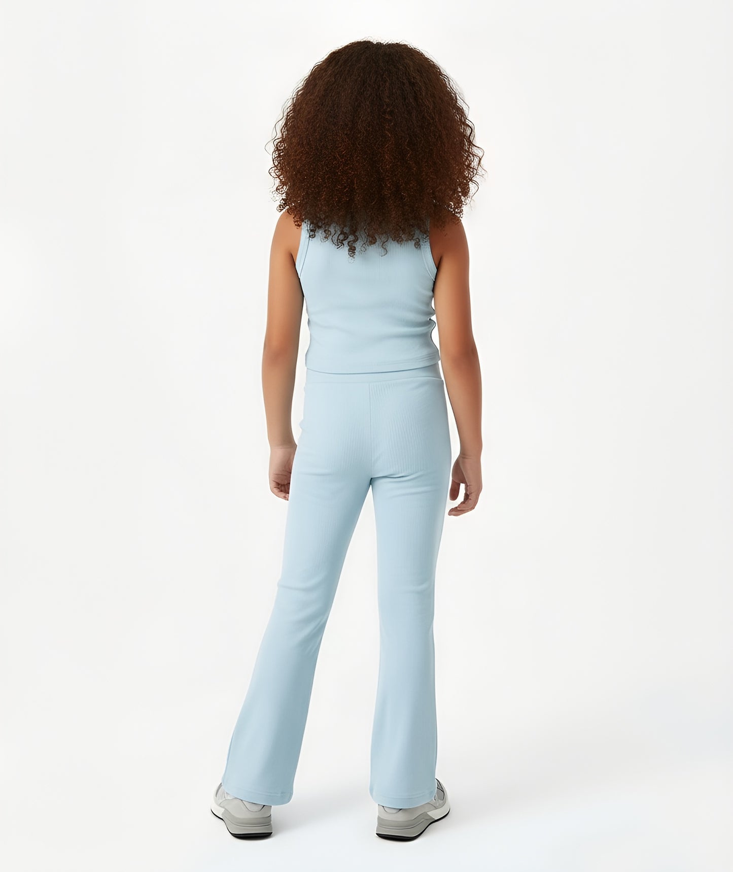 Rear view of Goldencubs girls baby blue cotton tank top and matching pants, showing the soft ribbed fabric and slim-fit design ideal for active wear and lounging.